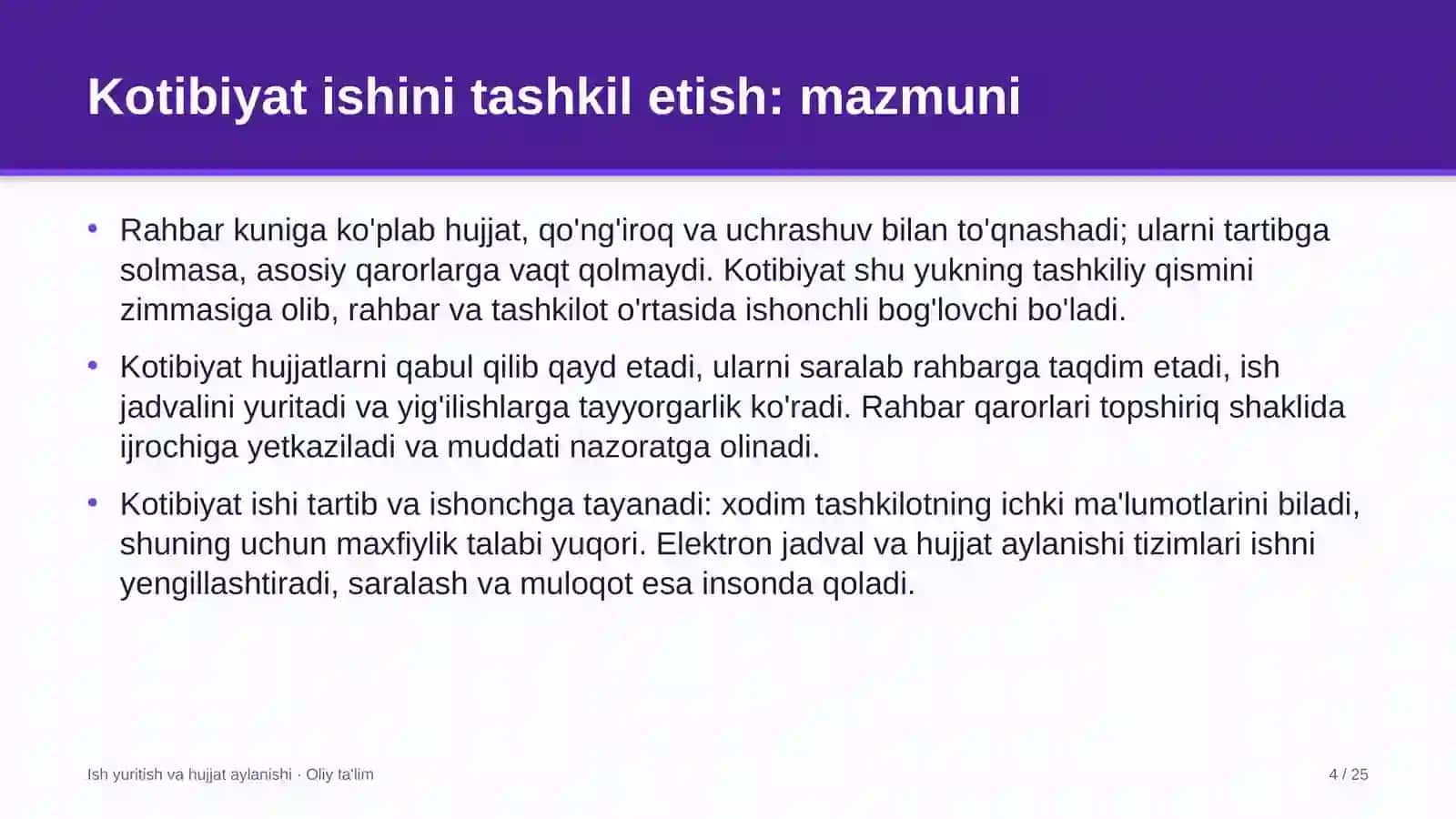 Un-yorma sanoatida kotibiyat ishini tashkil etish 4