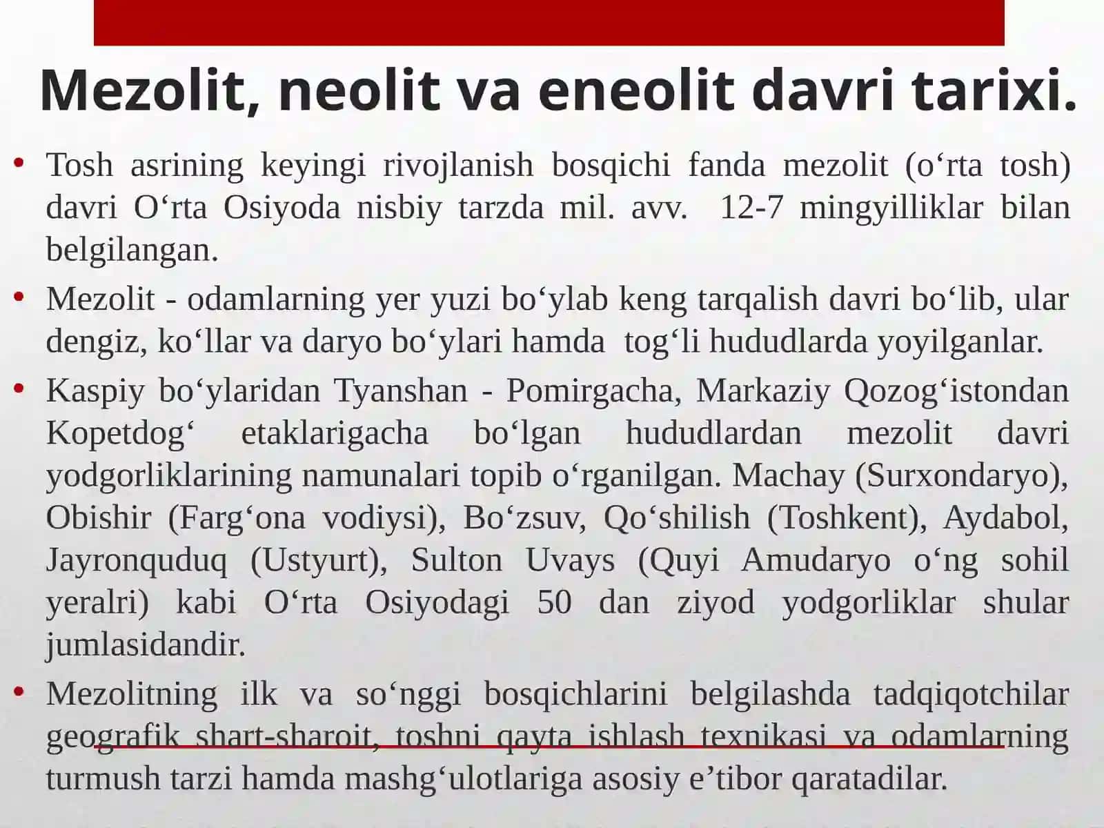 Ma’ruza rejasi: Mezolitdavri manzilgohlari 4