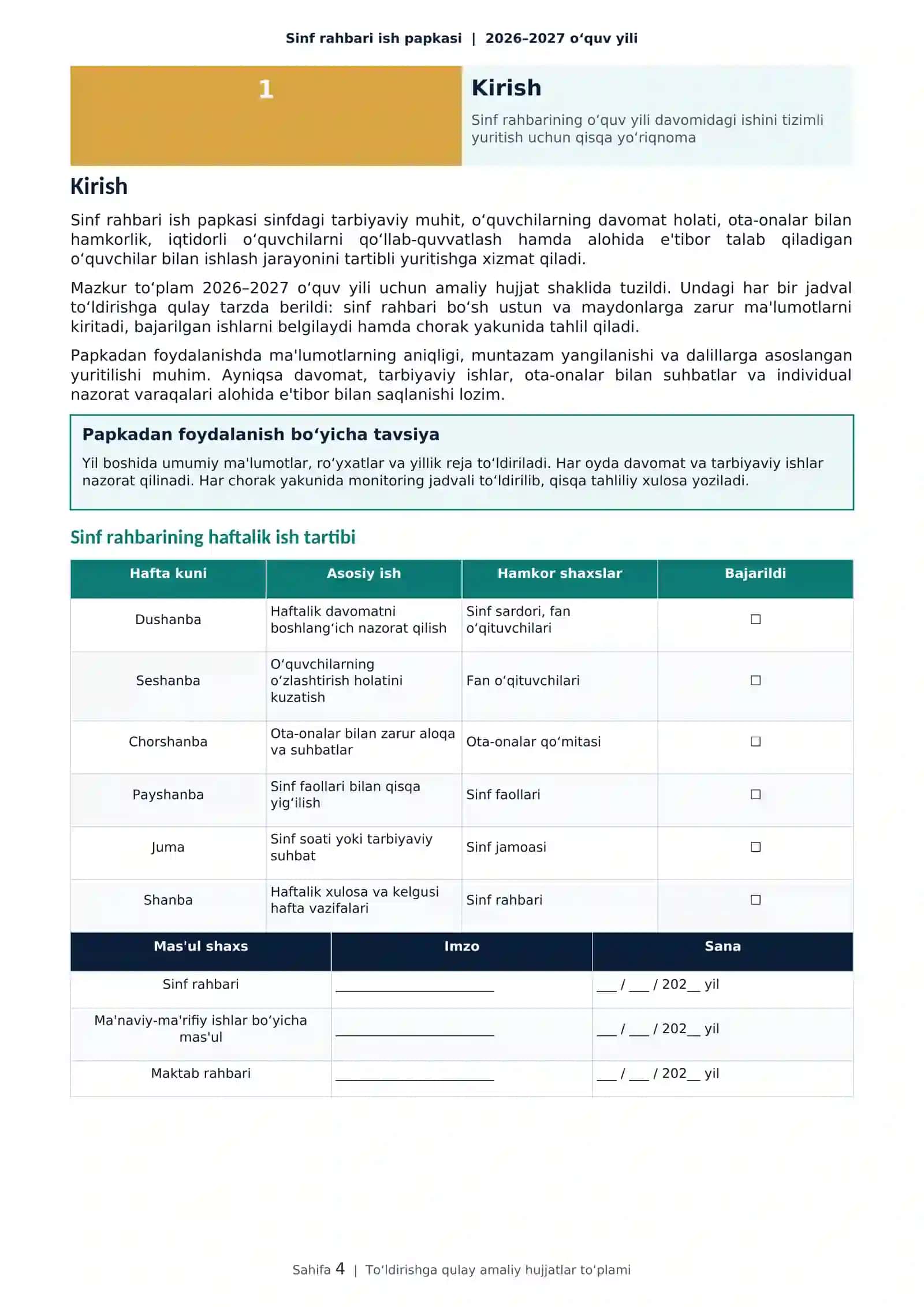 Sinf rahbari ish papkasi | 2026–2027 o‘quv yili 4