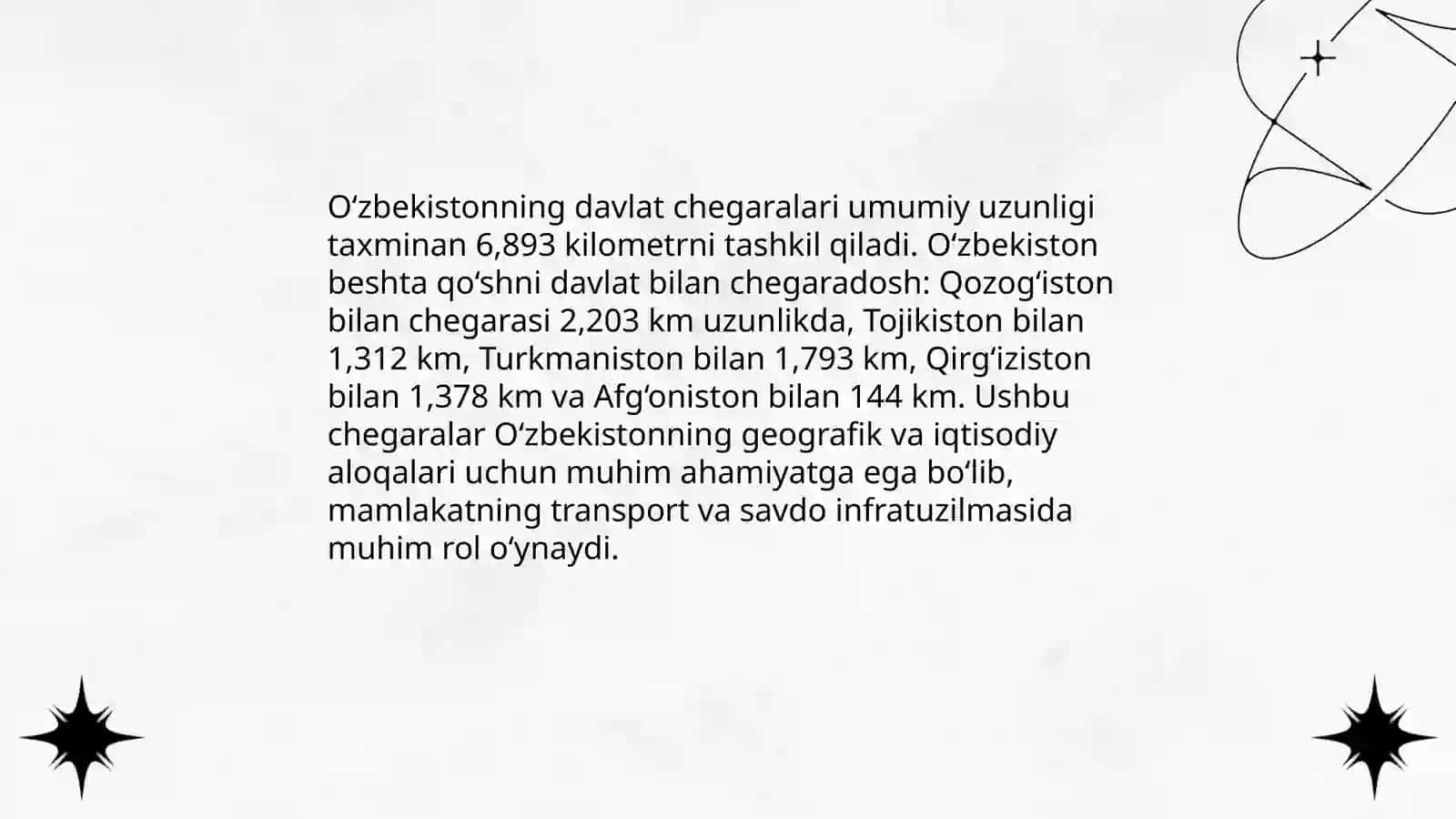 O'zbekistonning geografik o'rni chegaralari va tabiatining o'ziga xos xususiyatlari 4