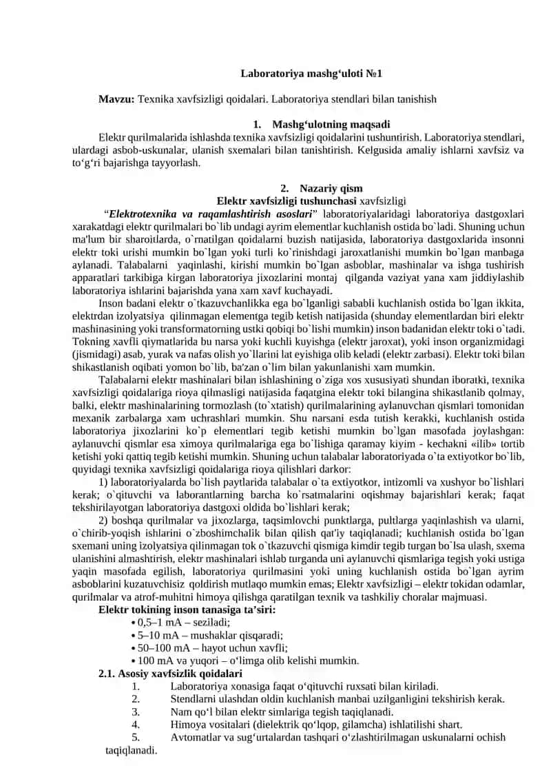 "Elektrotexnika va raqamlashtirish asoslari" fanidan laboratoriya mashg‘ulotlarni bajarish uchun 4