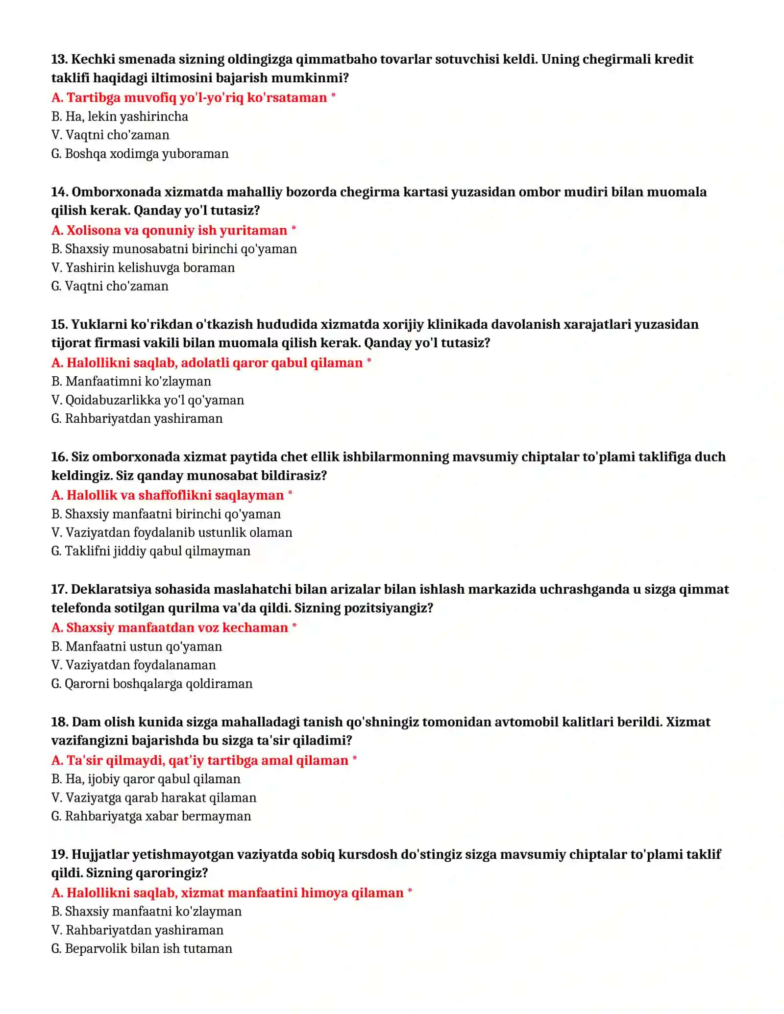 BOJXONA AKADEMIYASI - KASBIY TANLOV TEST SAVOLLARI (№ 99) 4