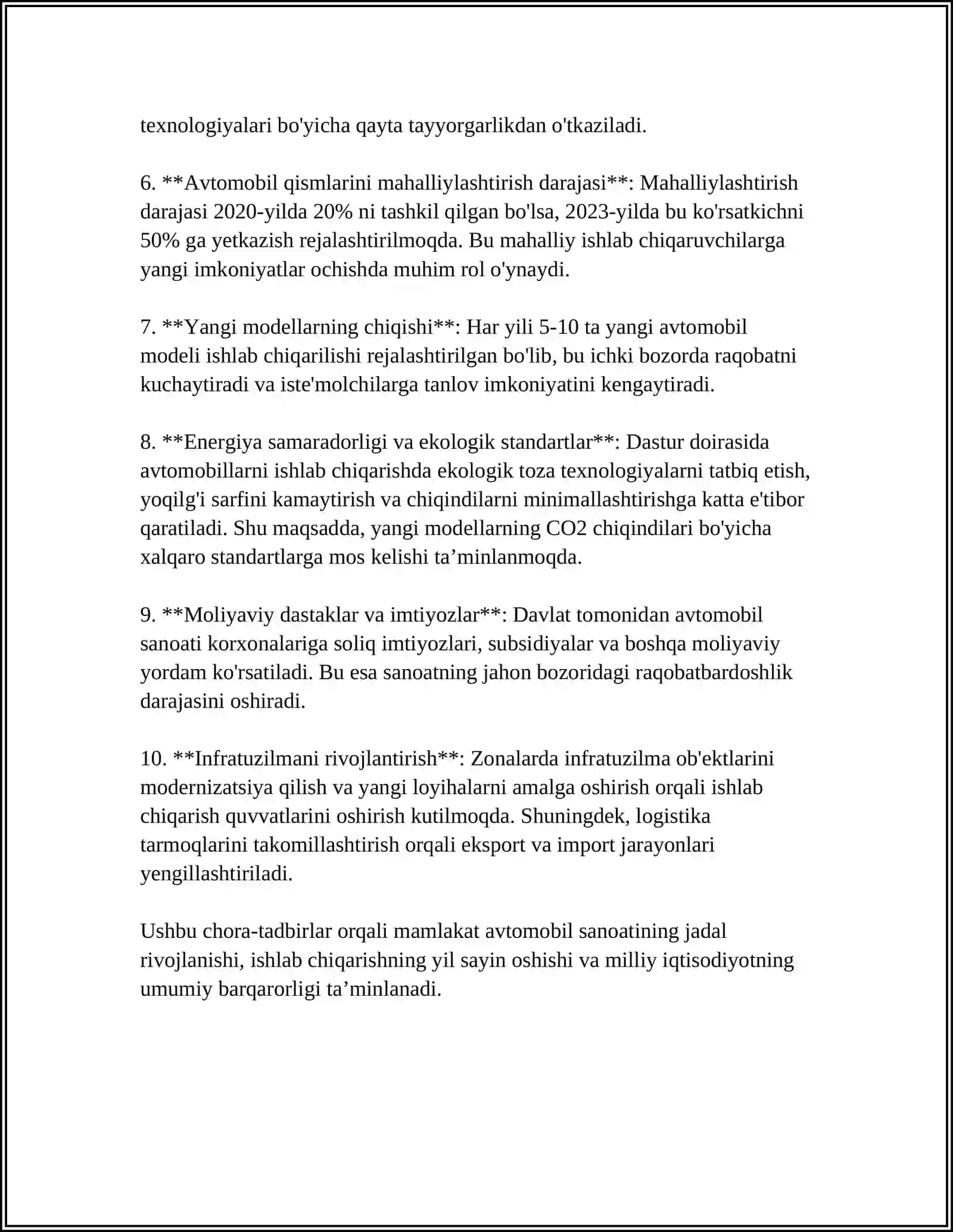 RESPUBLIKADA AVTOMOBIL SANOATI VA TRANSPORTINI RIVOJLANTIRISH BOYICHA XUKUMAT QARORLARI HAMDA ULARNI AMALGA OSHIRISH BO'YICHA BAJARILGAN ISHLAR 4