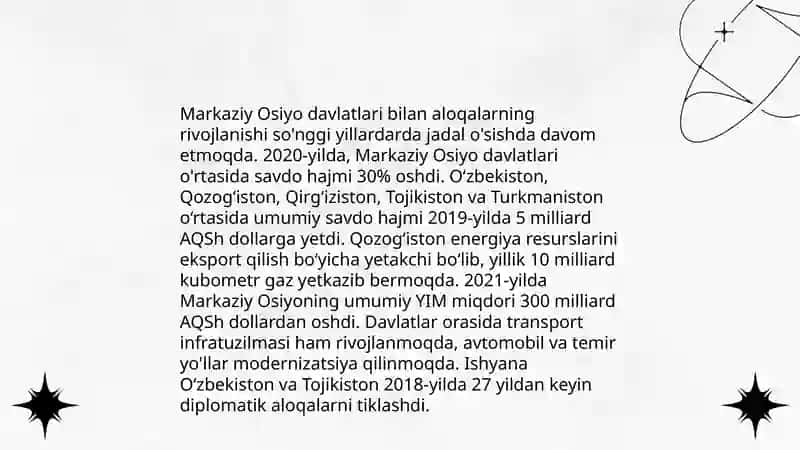 Oʻzbekistonning Markaziy Osiyoda tinchlik va barqarorlikni taʼminlashdagi oʻrni 4