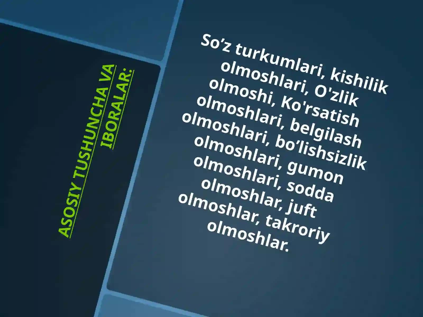 Olmosh. Olmoshlarning ma’noturlari: kishilik, o‘zlik, ko‘rsatish, so‘roq, belgilash, gumon, bo‘lishsizlik olmoshlari. Olmoshning tuzilish jihatdan turlari 4