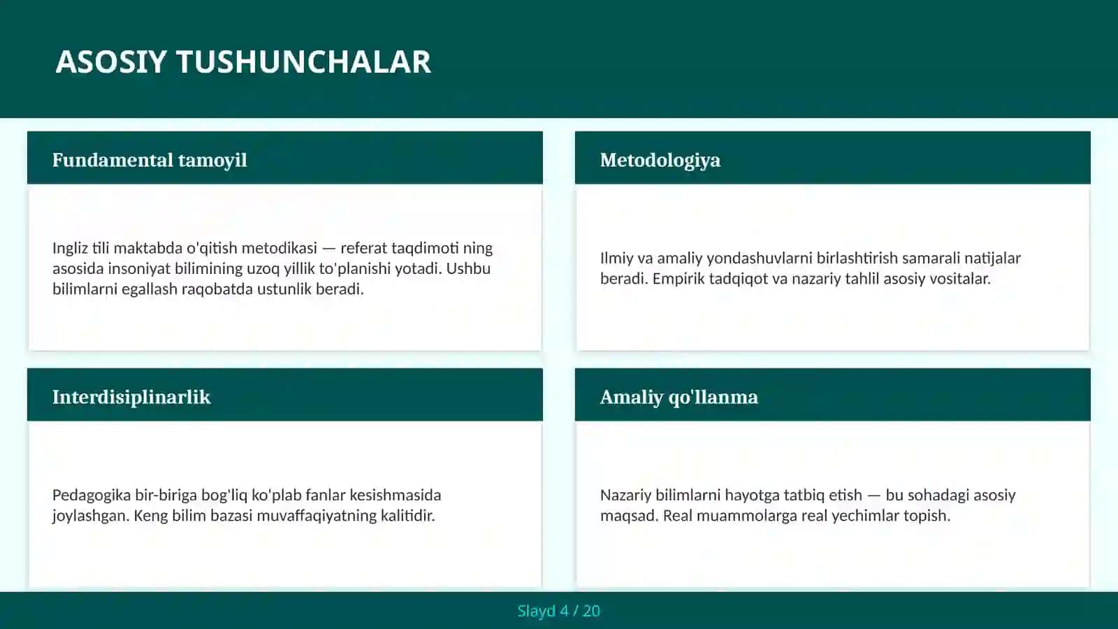 Ingliz tili maktabda o'qitish metodikasi — referat taqdimoti 4