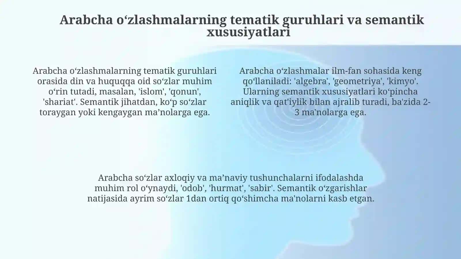 Oʻzbek tili leksikasida oʻzlashgan qatlam. Arabcha oʻzlashmalar 4