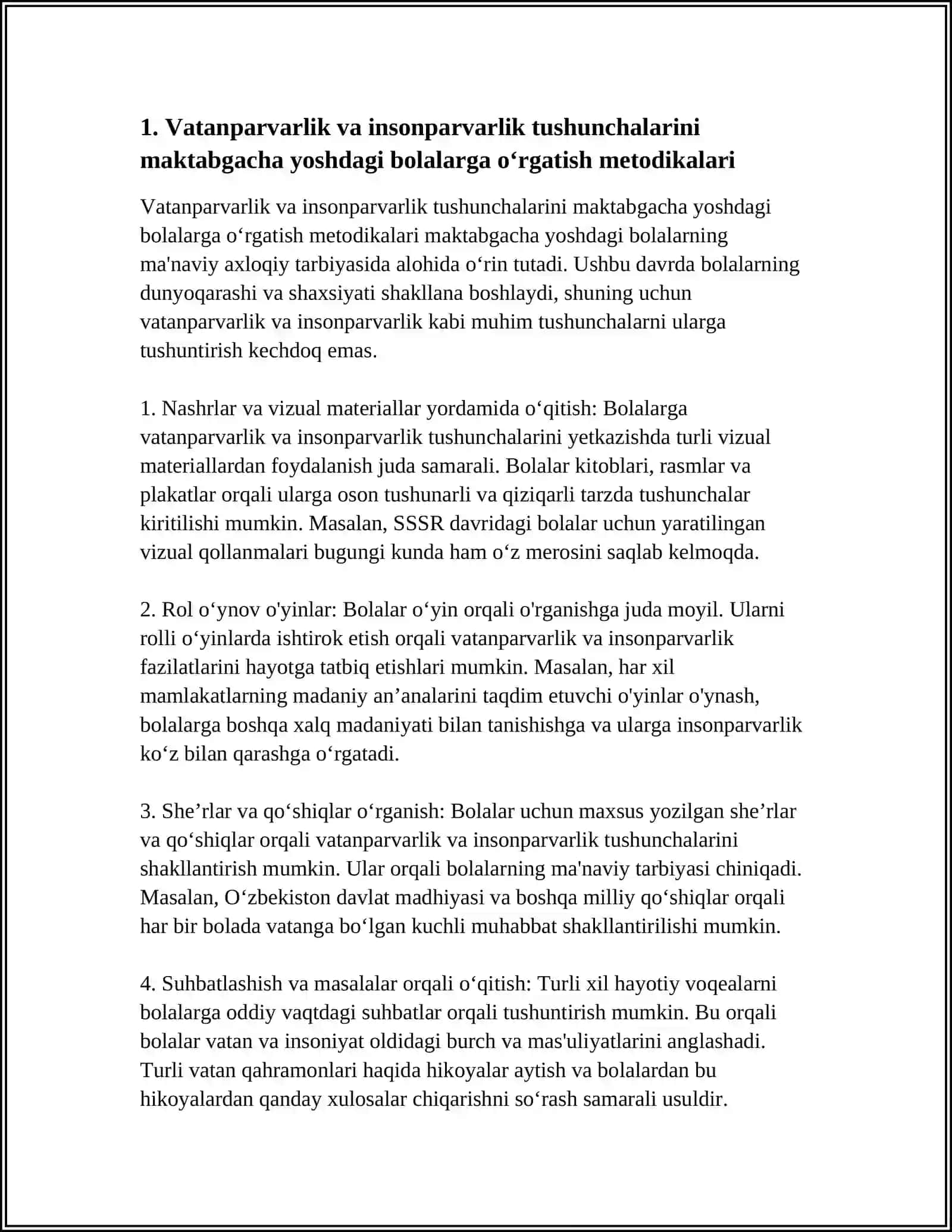MAKTABGACHA YOSHDAGI BOLALARNING MAʼNAVIY AXLOQIY TARBIYASIDA VATANPARVARLIK, INSONPARVARLIK HIS TUYGʻULARINI SHAKLLANTIRISH 4