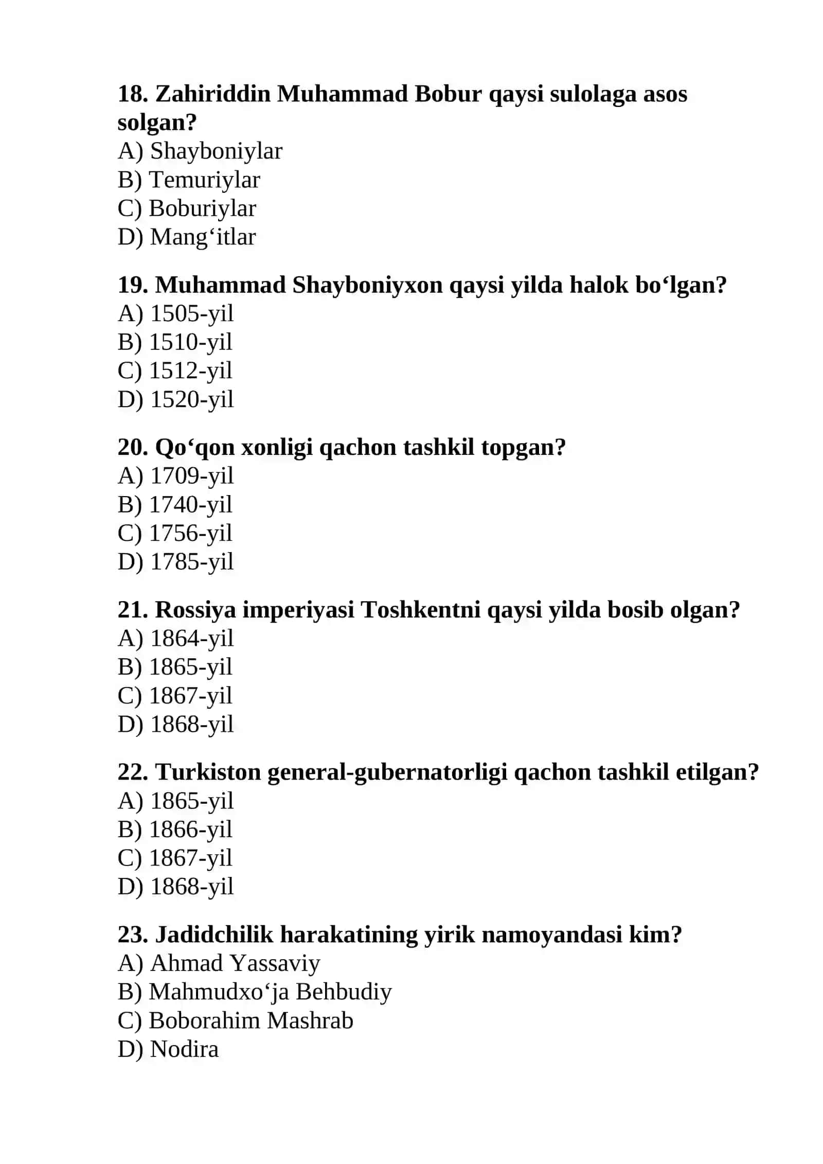 O‘zbekiston tarixi — DTM uslubidagi 30 ta test 4