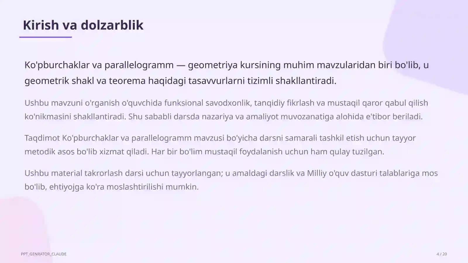 Ko'pburchaklar va parallelogramm (8-sinf) 4