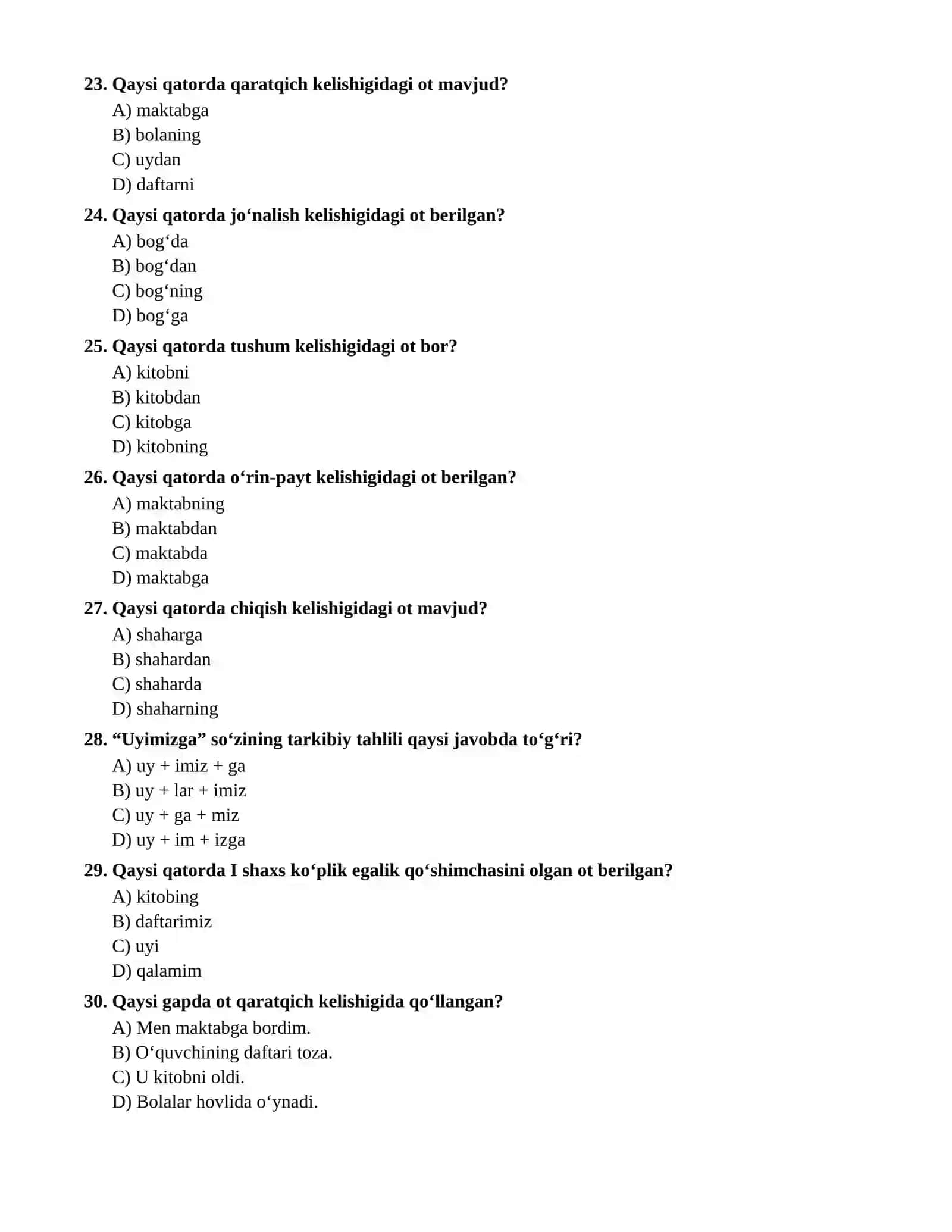 Ot soʻz turkumi testlar umumiy 4