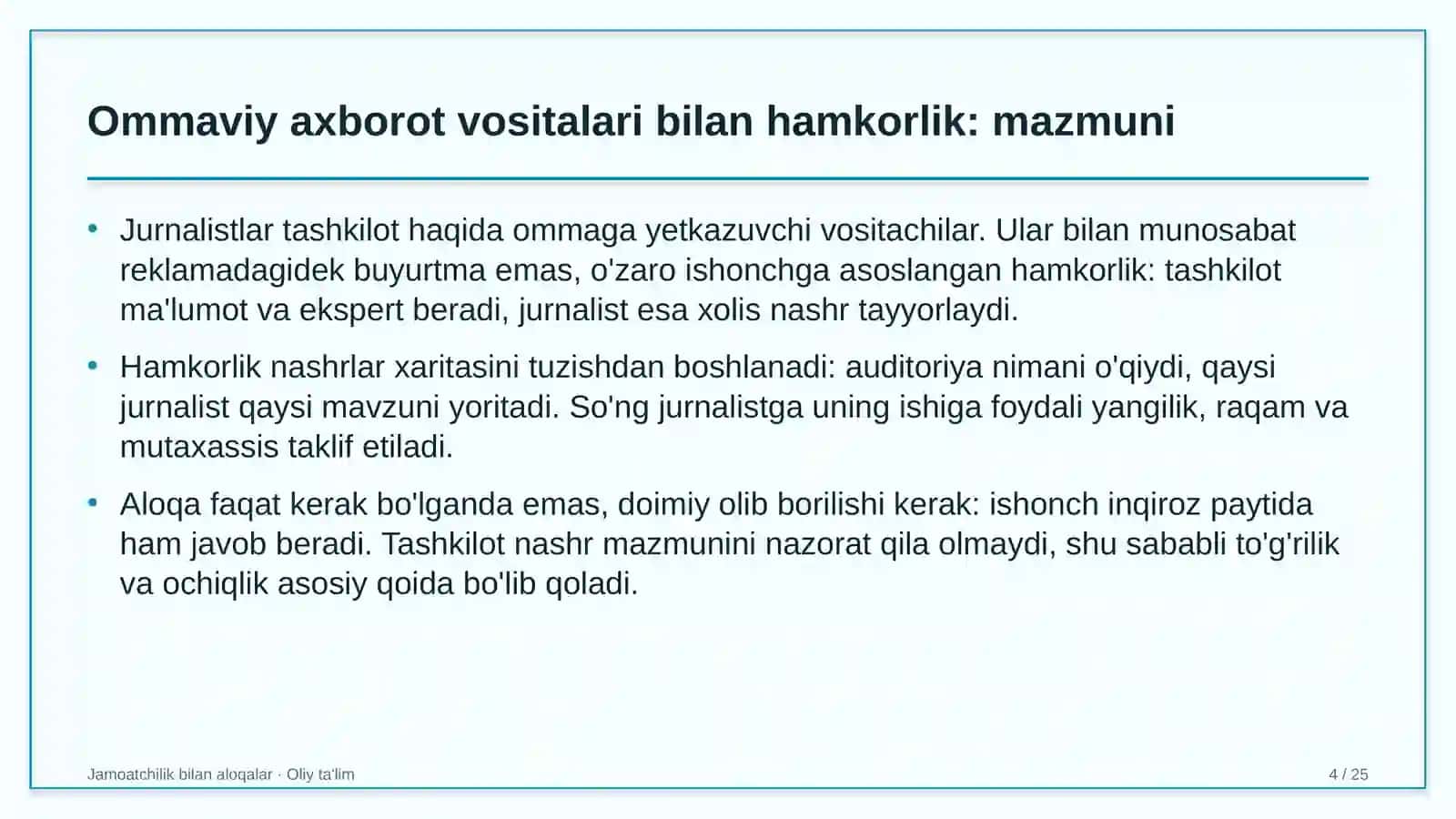 Jamoatchilik bilan aloqalar · Oliy ta'lim 4