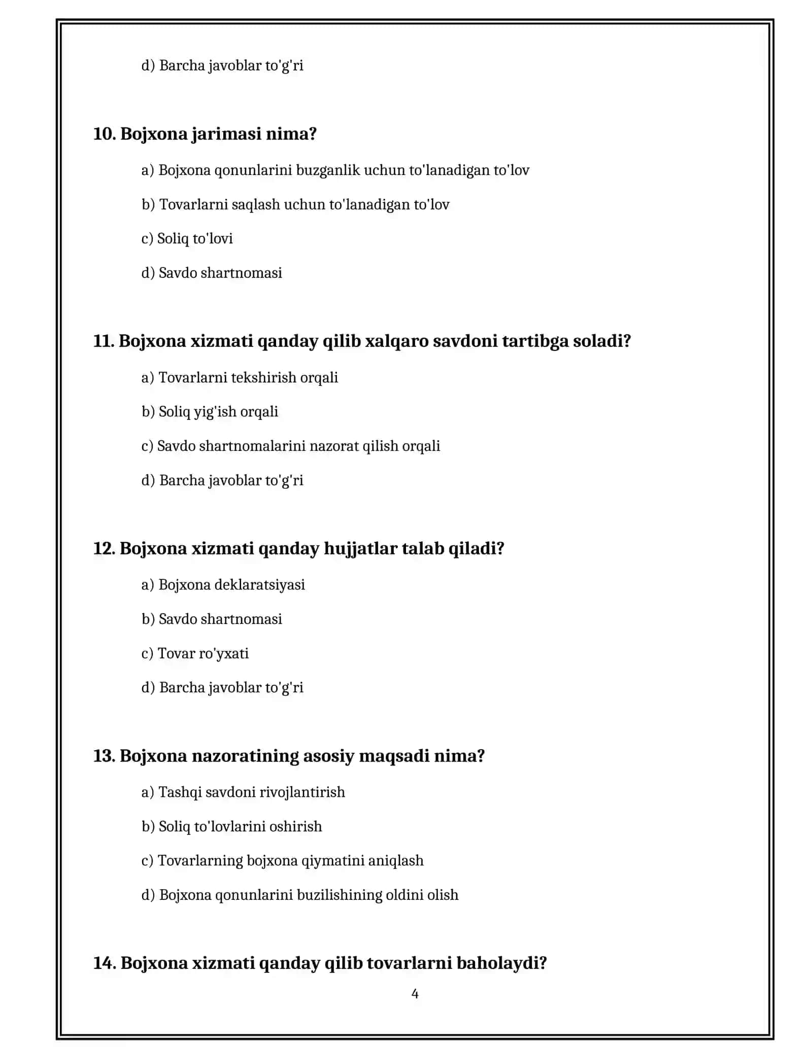 BOJXONA XIZMATCHISI TEST 4