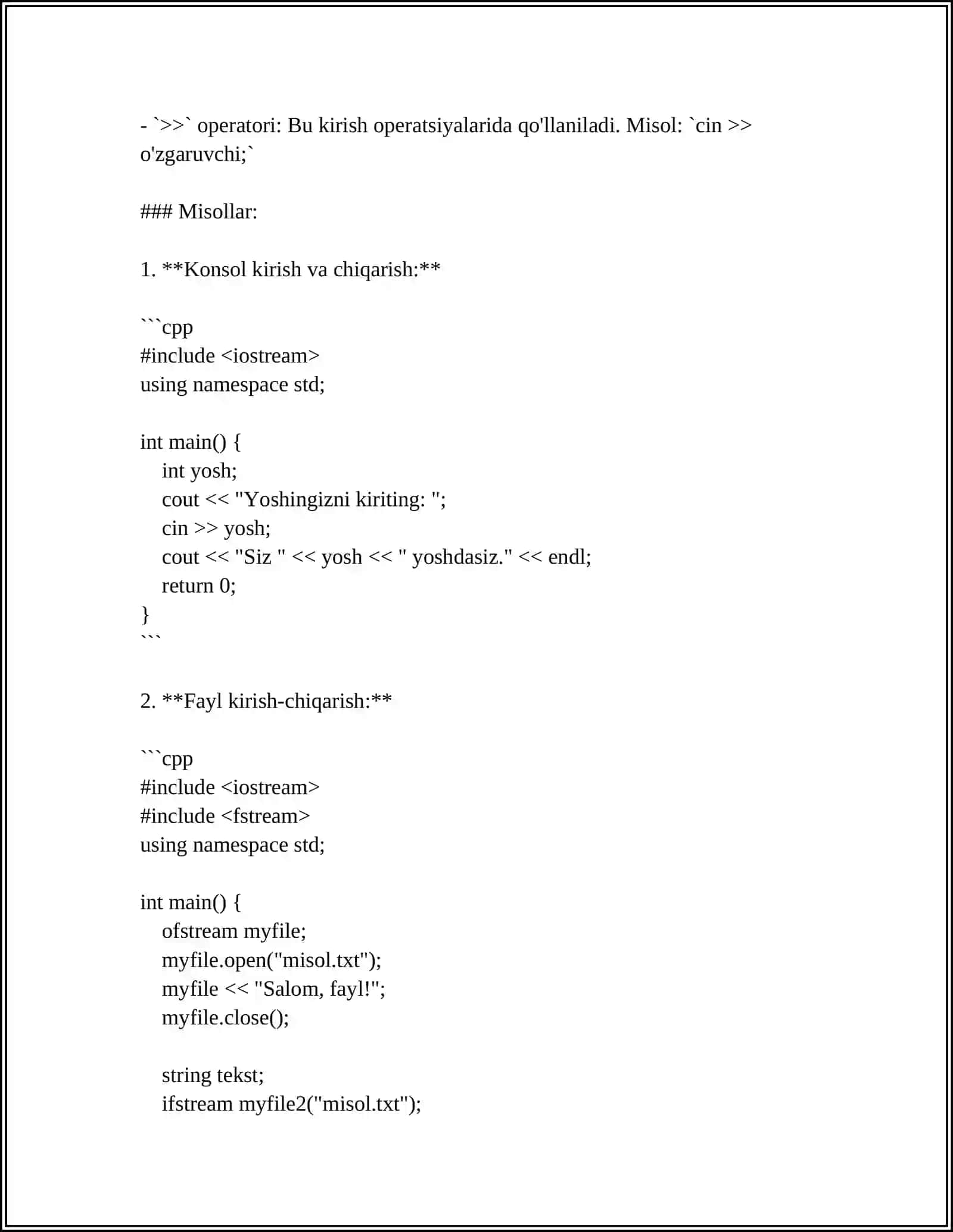 C++ DASTURLASH TILIDA KIRITISH VA CHIQARISH OPERATORLARI 4