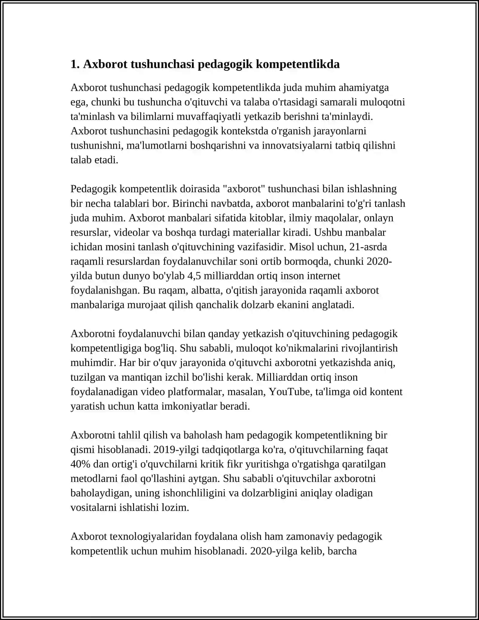MUSTAQIL ISH Mavzu: PEDAGOGIK KOMPETENTLIKNI SHAKLLANTIRISHDA AXBOROT TUSHUNCHASI VA KLASSIFIKATSIYASI 4
