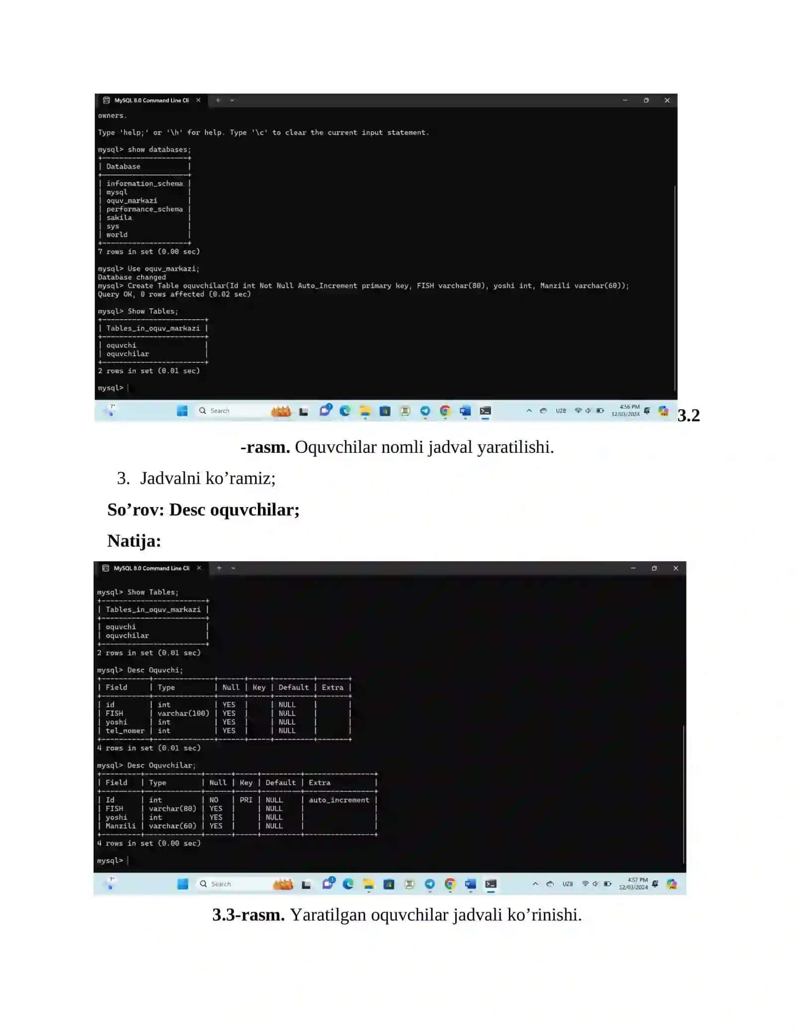 SQL tilida jadvallar yaratish, o‘zgartirish va o‘chirish. Amaliy ish 4