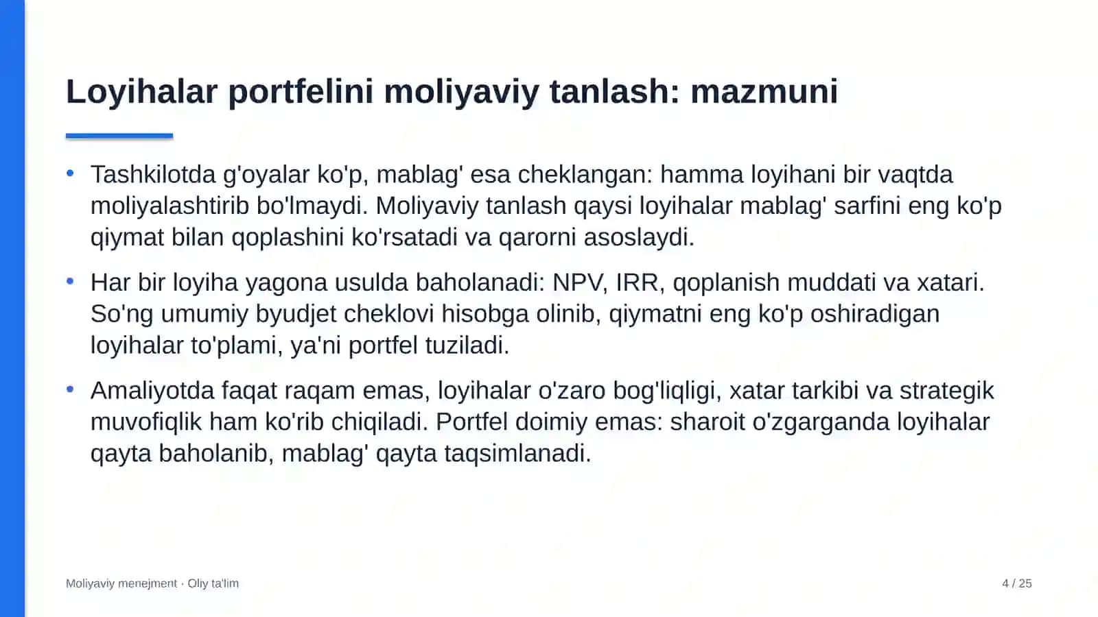 Dizayn studiyalarida loyihalar portfelini moliyaviy tanlash 4