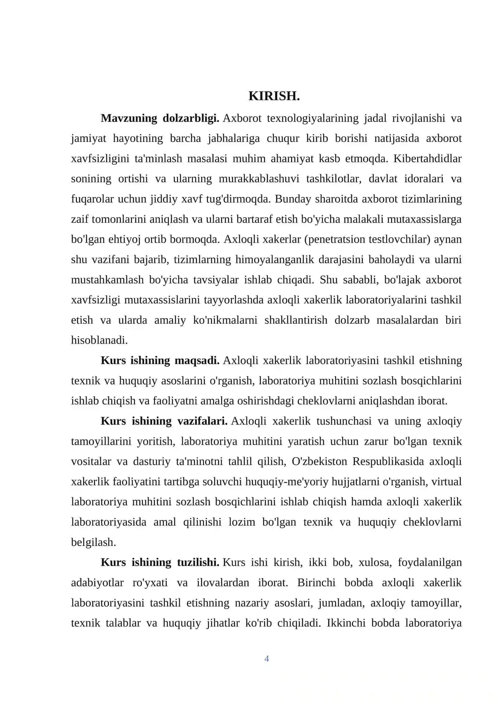 Dasturiy vositalar xavfsizligi fanidan KURS ISHI 4