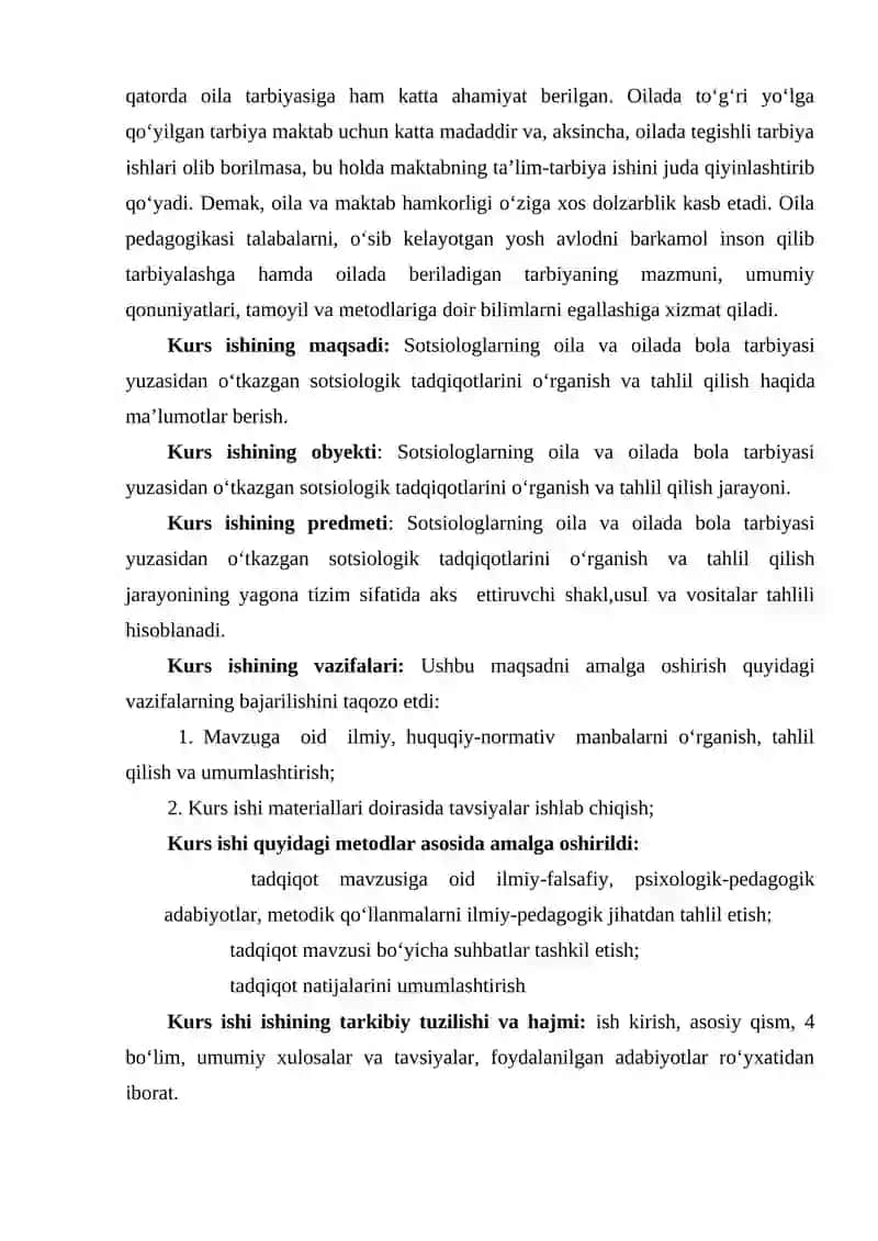 Sotsiologlarning oila va oilada bola tarbiyasi yuzasidan o‘tkazgan sotsiologik tadqiqotlarini o‘rganish va tahlil qilish 4
