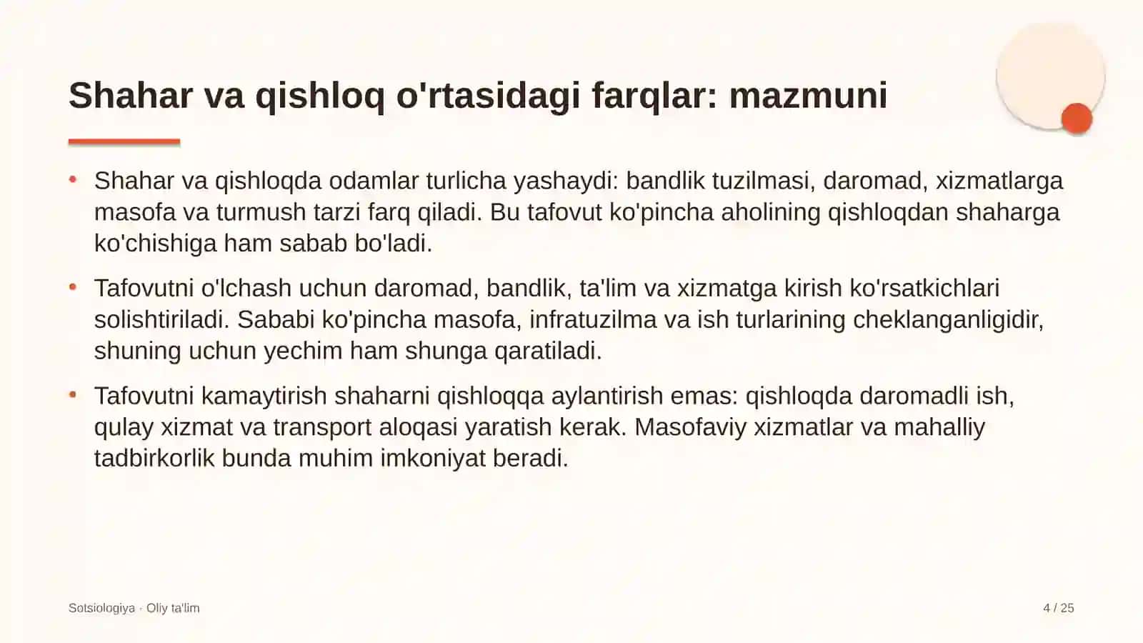 Shahar va qishloq o'rtasidagi farqlar: mohiyati 4
