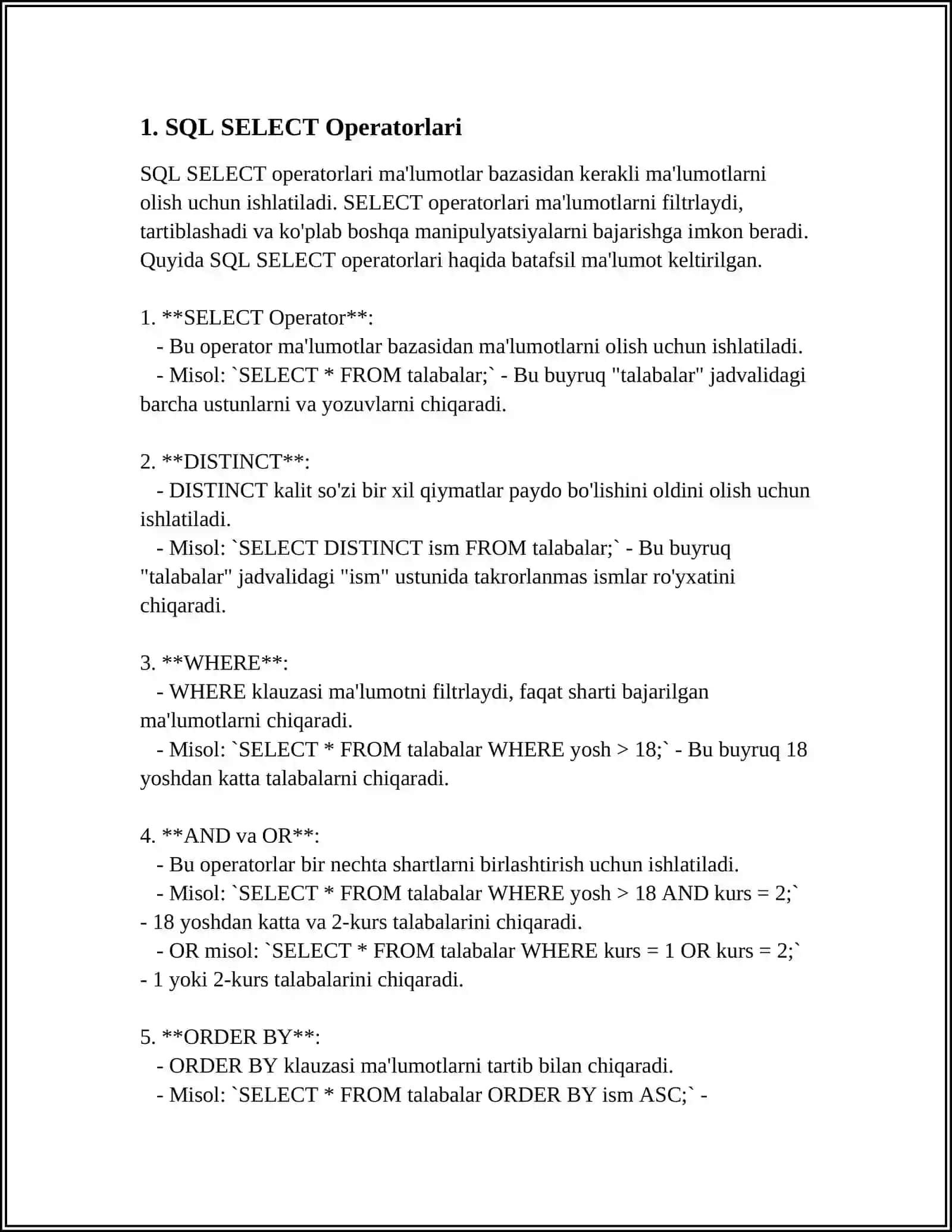 SQL SELECT Operatorlari 4