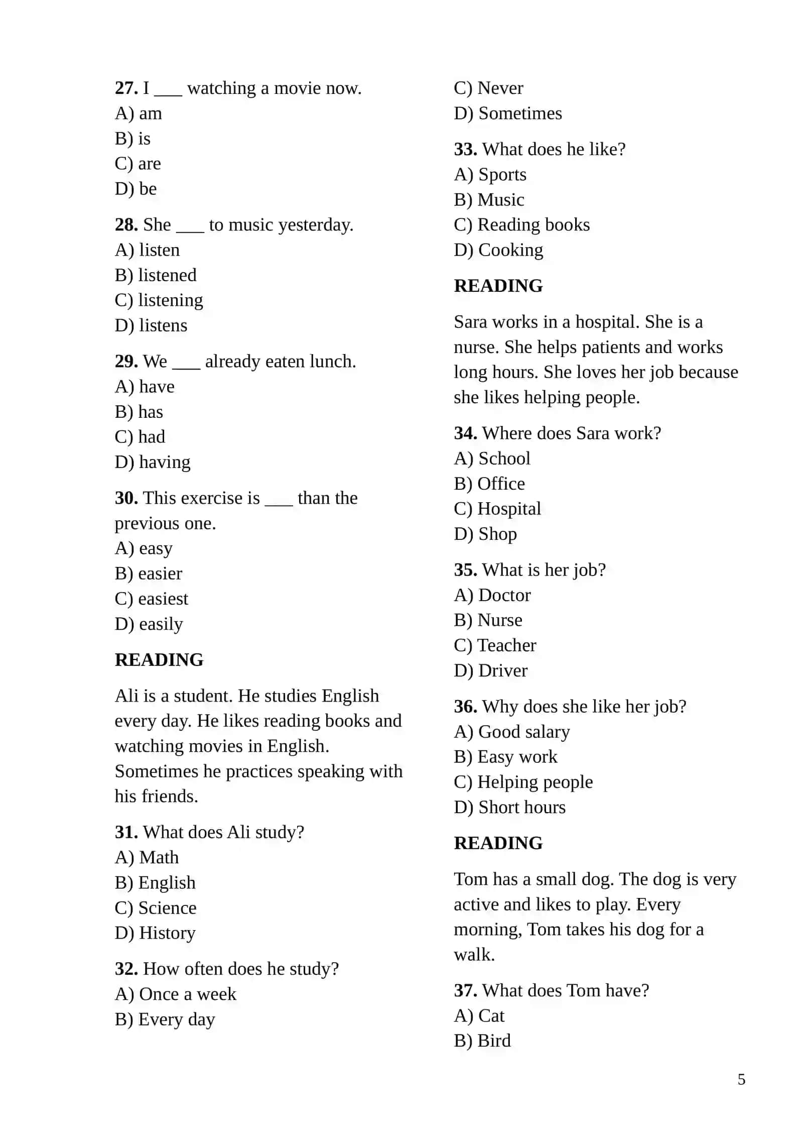 UNIVERSAL GRAMMAR TESTS, Inglizcha Multiple choice testlari 4