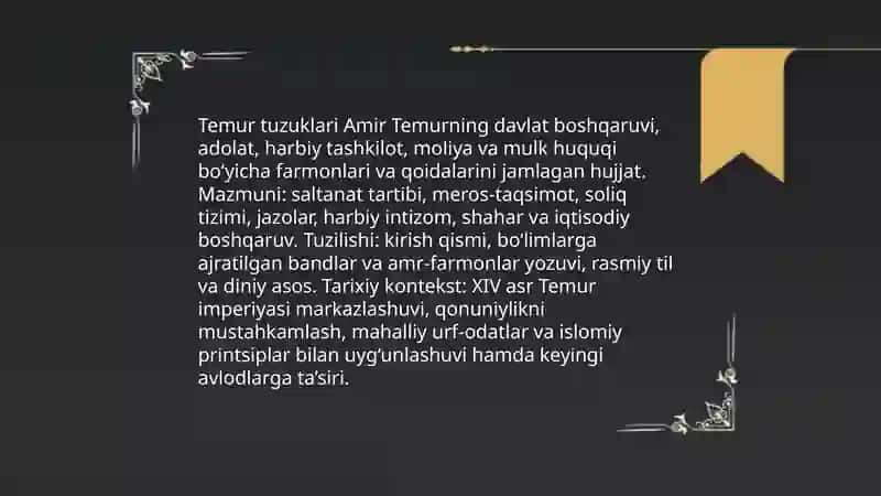 Amir Temur va Temuriylar davri renessansi.,,Temur tuzuklari'' va uning hozirgi davrdagi ahamiyati.Mirzo Ulugʻbekning jahon ilm-fani rivojida tutgan oʻrni 4