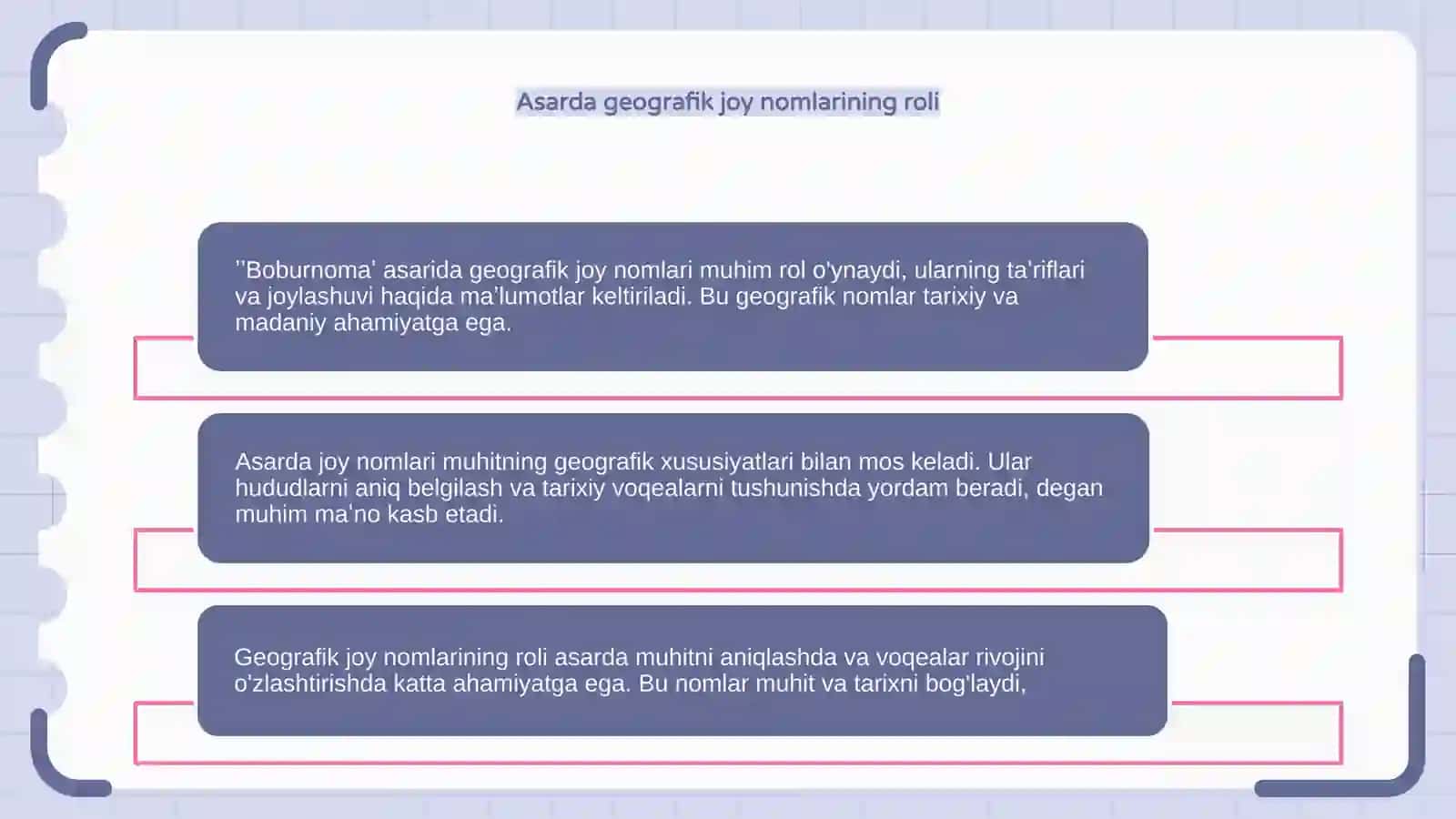 ʼʼBoburnomaʼʼ asaridan geografik joy nomlarini taʼrifini yozish 4