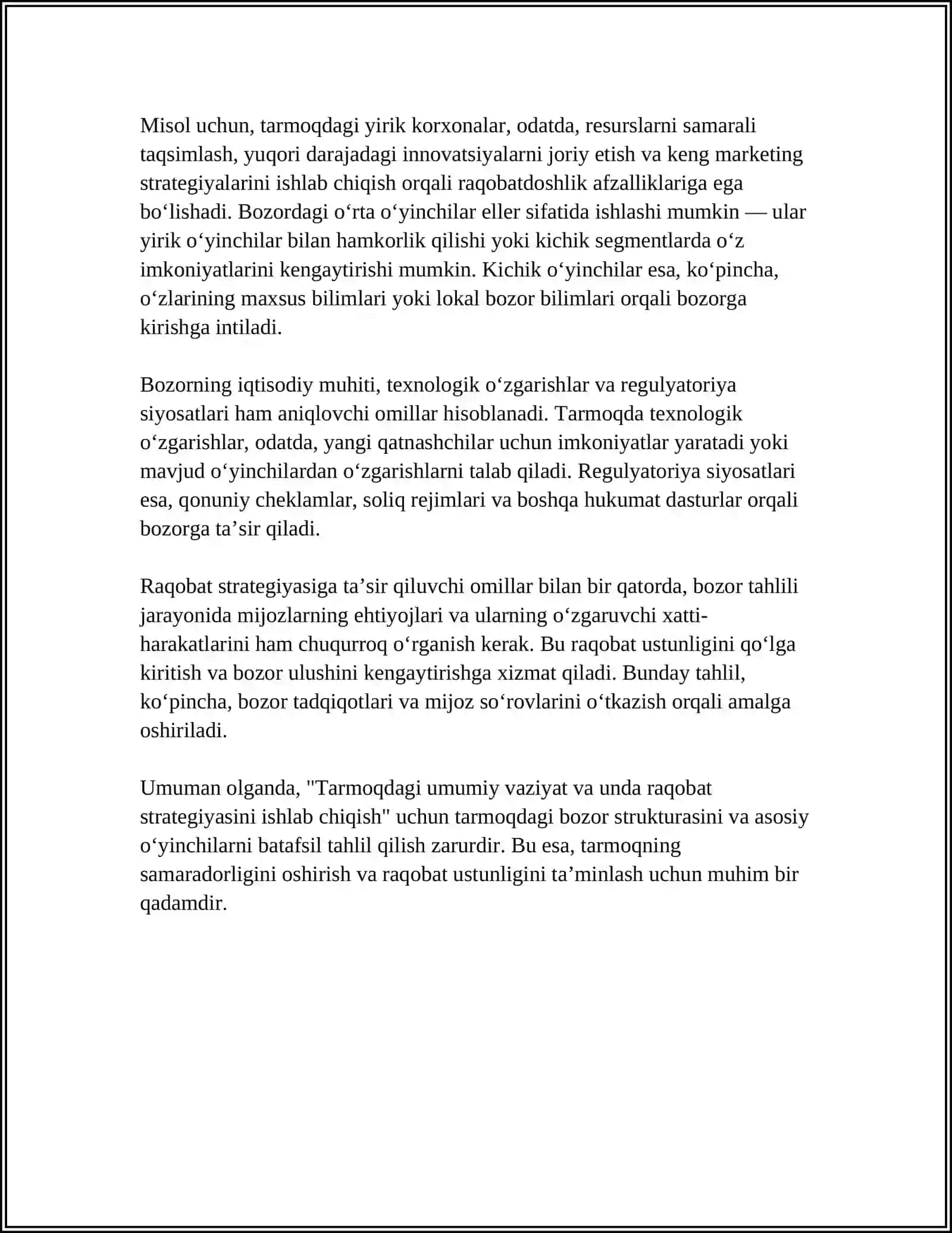 Tarmoqdagi umumiy vaziyat va unda raqobat strategiyasini ishlab chiqish 4