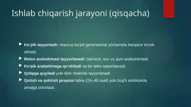Ko'pikbetonlaring asosiy xossalari. 4