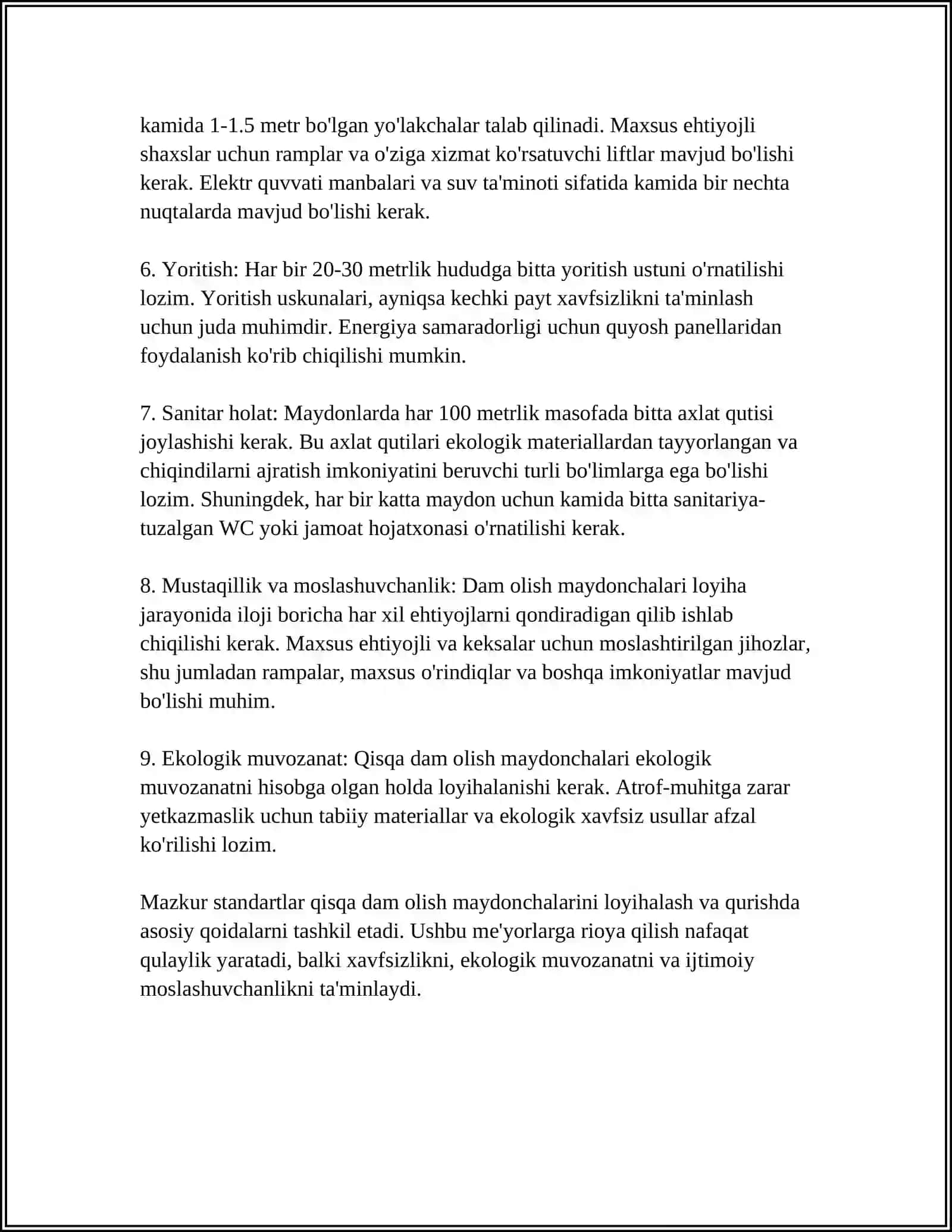 AVTOMOBIL YOLLARIDAGI QISQA DAM OLISH MINTAQASIDA HARAKAT XAVFSIZLIGI TASHKIL ETISH BOYICHA MEYORIY TALABLARNO ORGANISH 4