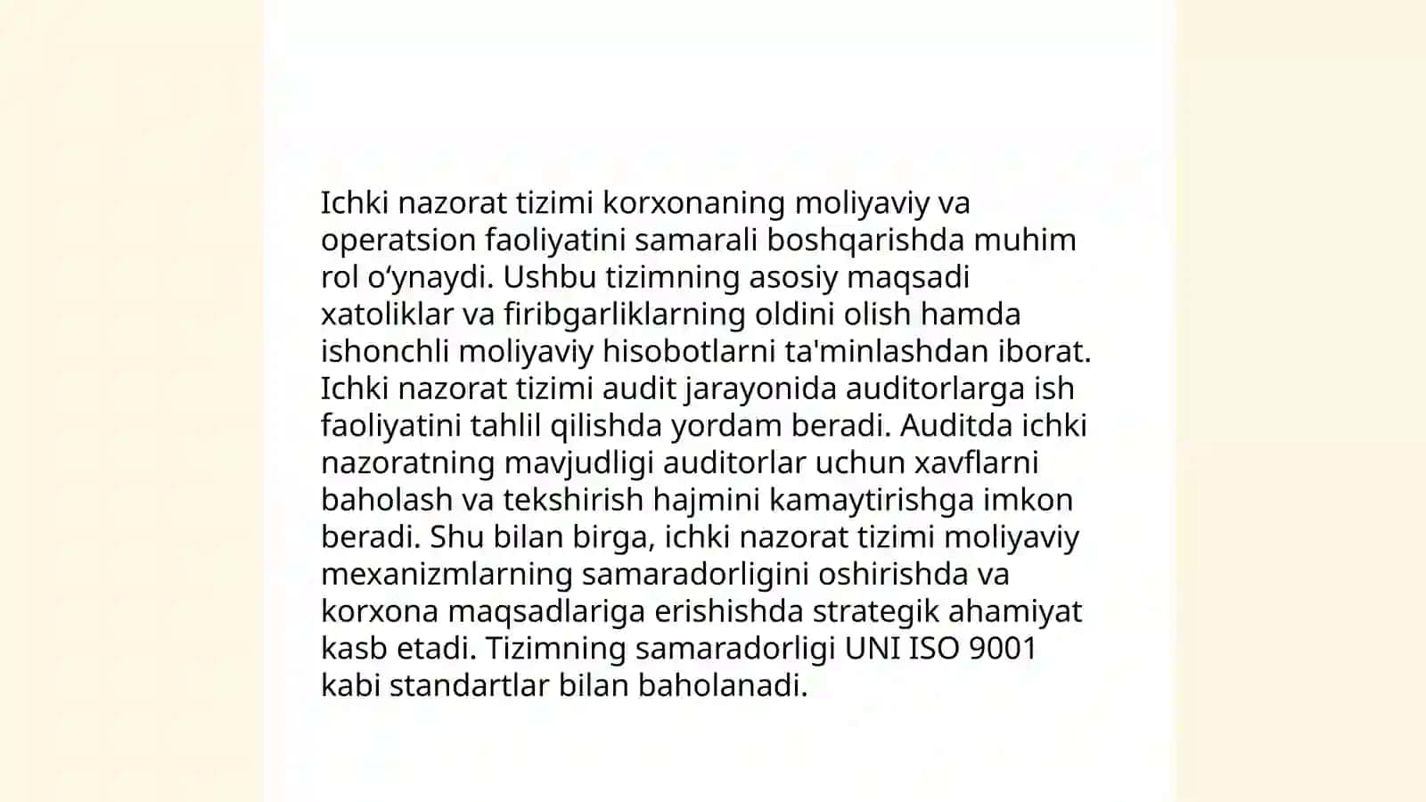 Ichki nazorat tizimi va uning auditdagi ro'li 4
