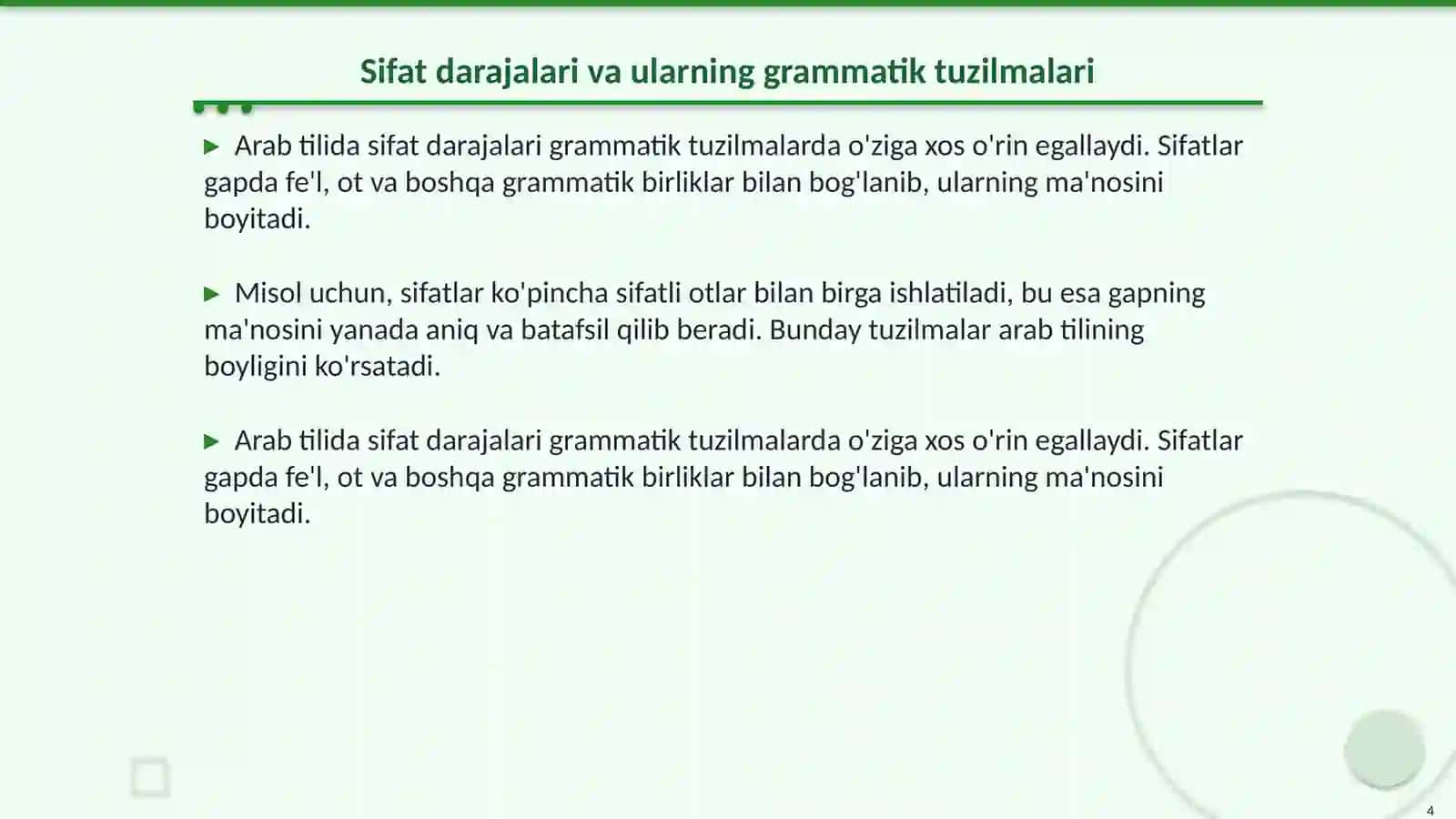Arab tilida sifat darajalari va ularning gapdagi vazifasi 4