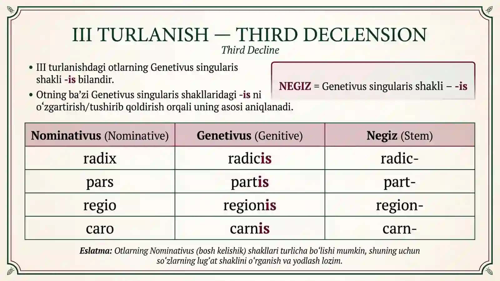 Femininum Rodiga oid 3-guruxda turlanuvchi otlar 4