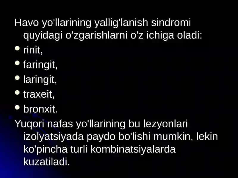 Havo tomchi yo’li bilan yuqadigan infeksiyalaring tayanch tashxisot belgilari 4