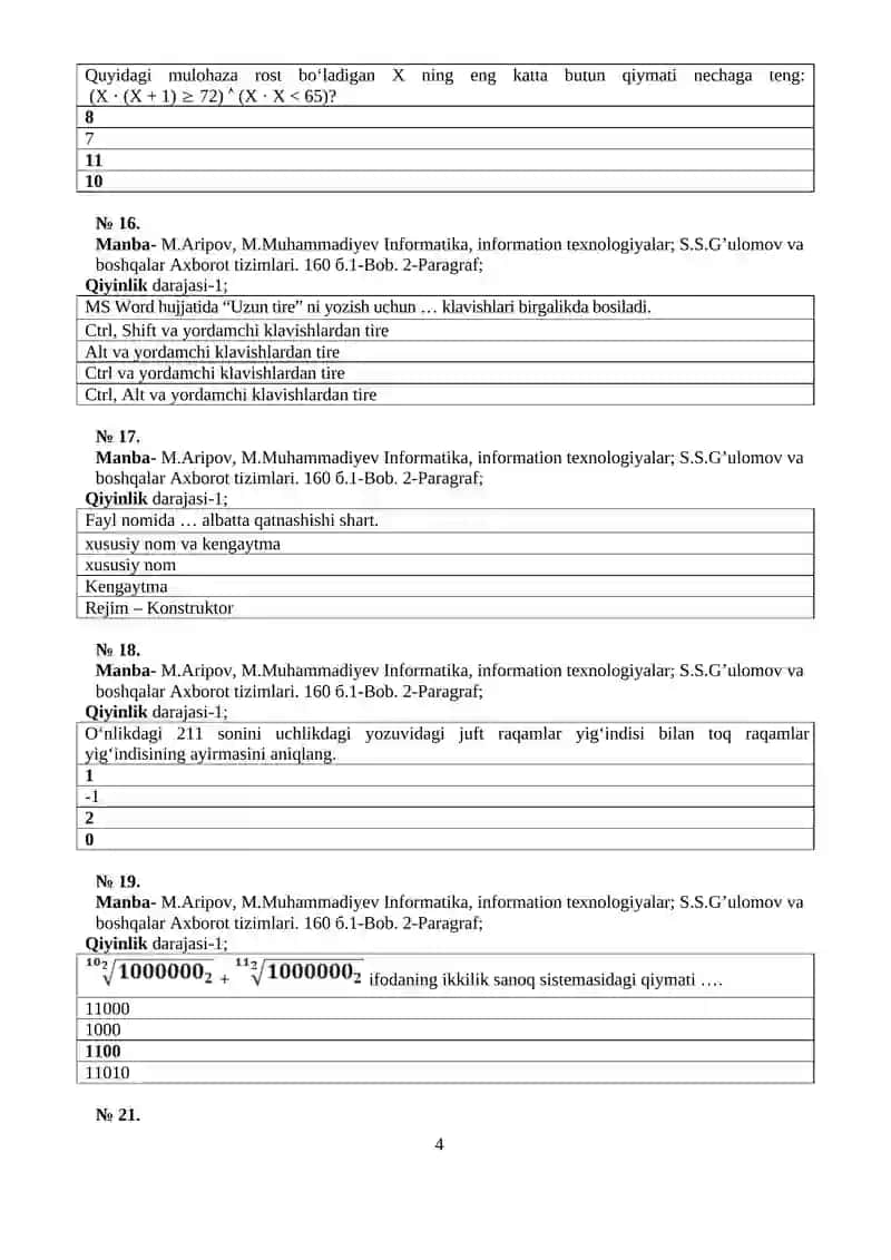 INFORMATIKA VA AXBOROT TEXNOLOGIYALARI FANIDAN TEST 4