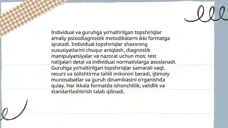 Amaliy topshiriq xarakteriga ko‘ra psixodiagnostik metodikalarning klassifikatsiyasi 4