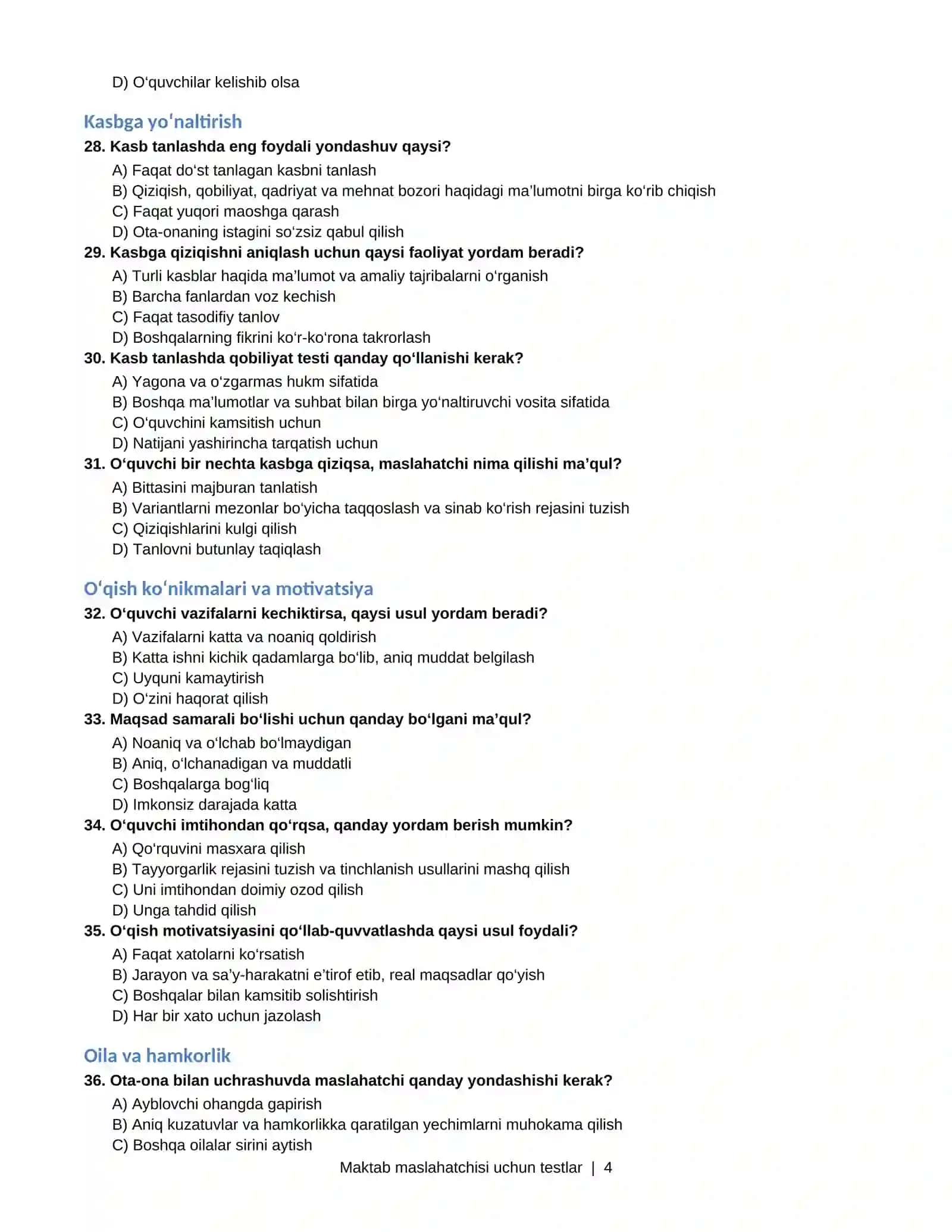 MAKTAB MASLAHATCHISI UCHUN TESTLAR 4