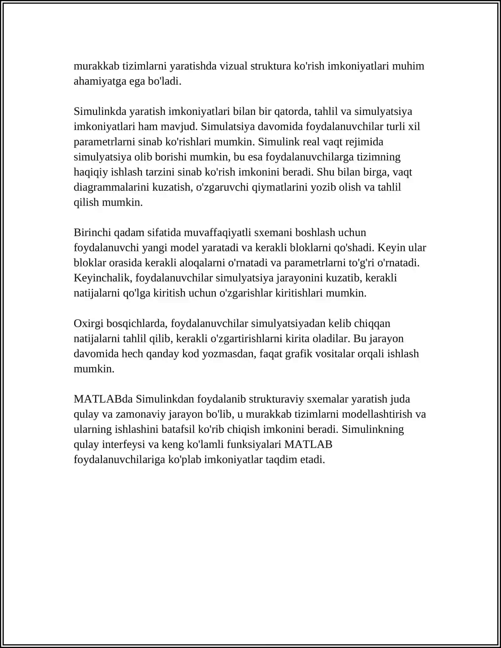 BOSHQARISH SISTEMALARINING STRUKTURAVIY SXEMALARINI MATLAB DASTURIY PAKETIGA BOG‘LASH 4