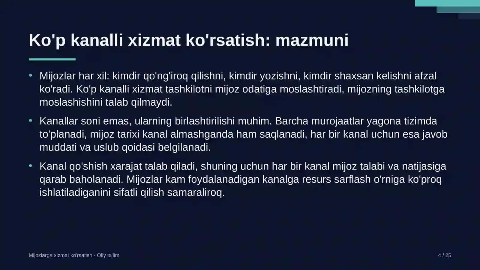 Mijozlarga xizmat ko'rsatish · Oliy ta'lim 4