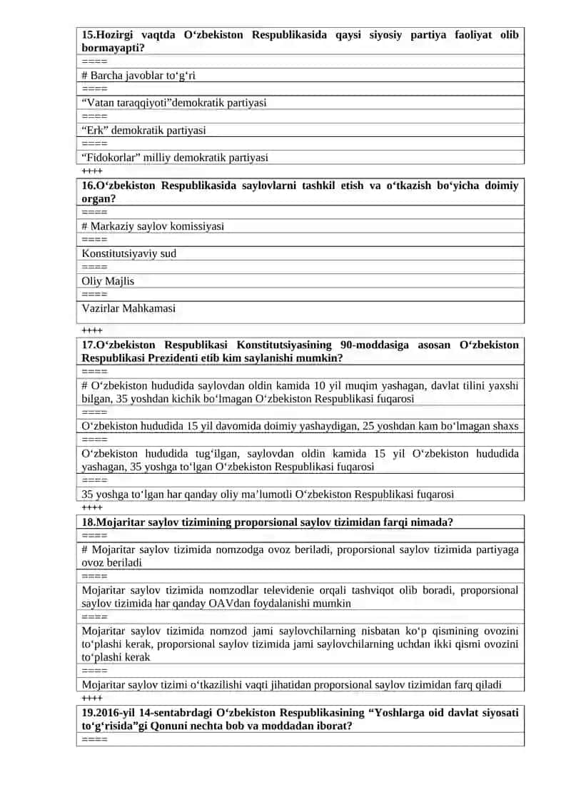 “O’zbekistonning eng yangi tarixi” fanidan TEST savollari 4