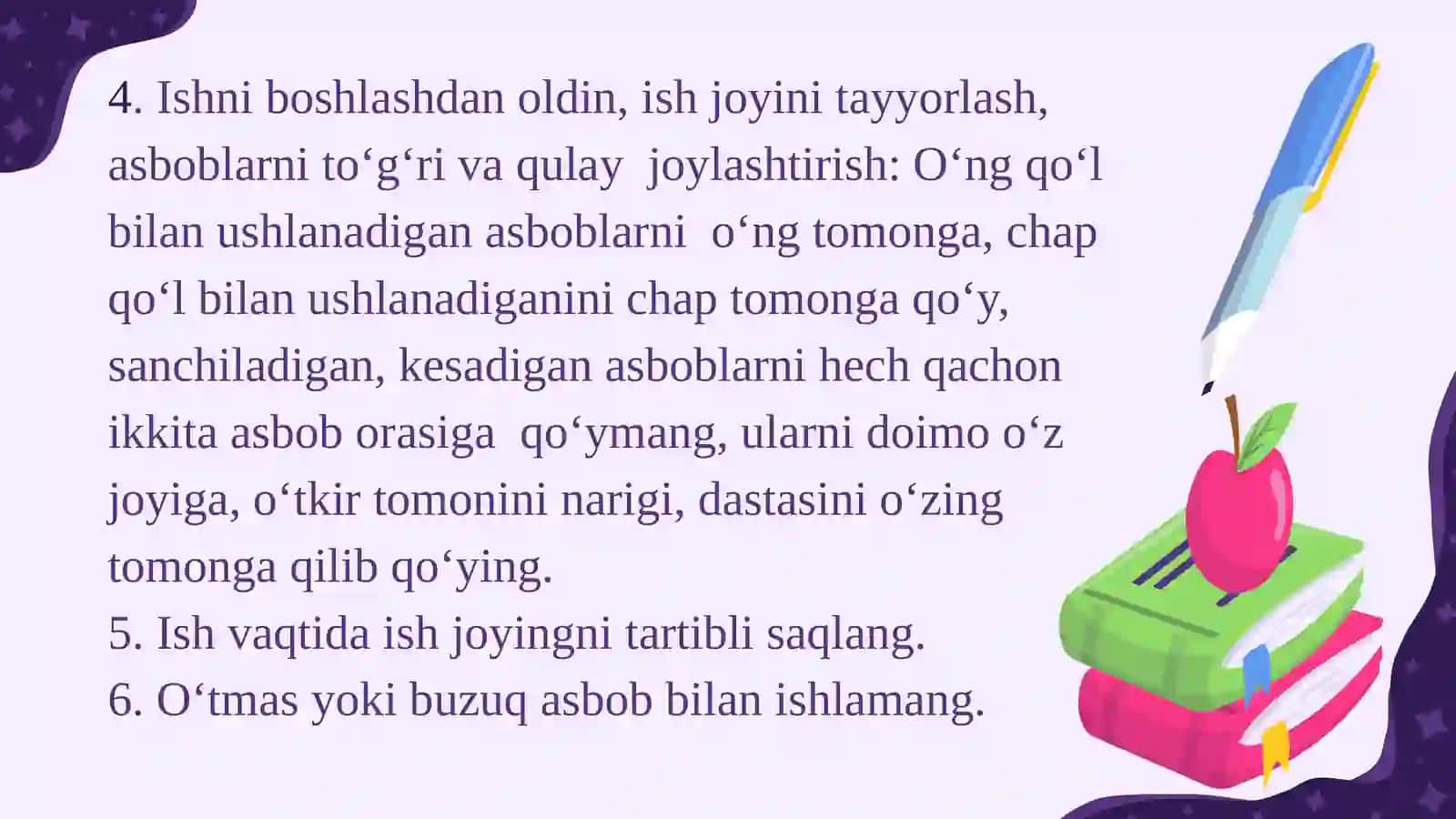 Texnologiya darslarida texnika xavfsizligi qoidalari 4