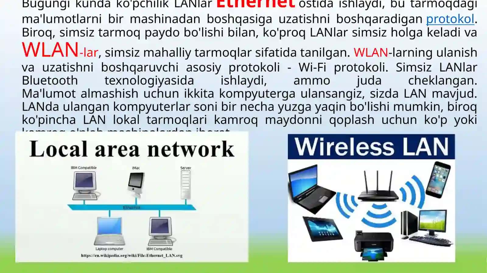 Lokal, shahar va global tarmoqlar va ularning qurilish usullari, tarmoqlarda qo‘llaniladigan simli va simsiz texnologiyalar va protokollar. LAN, MAN, WAN 4
