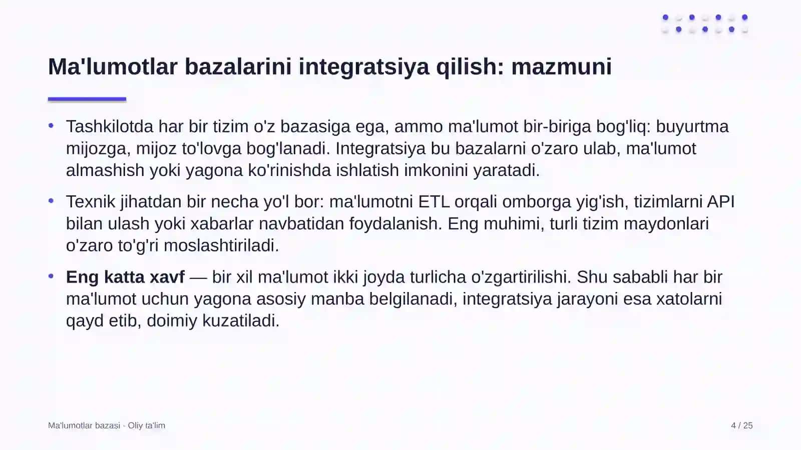 moliya sohasida ma'lumotlar bazalarini integratsiya qilish 6916 4