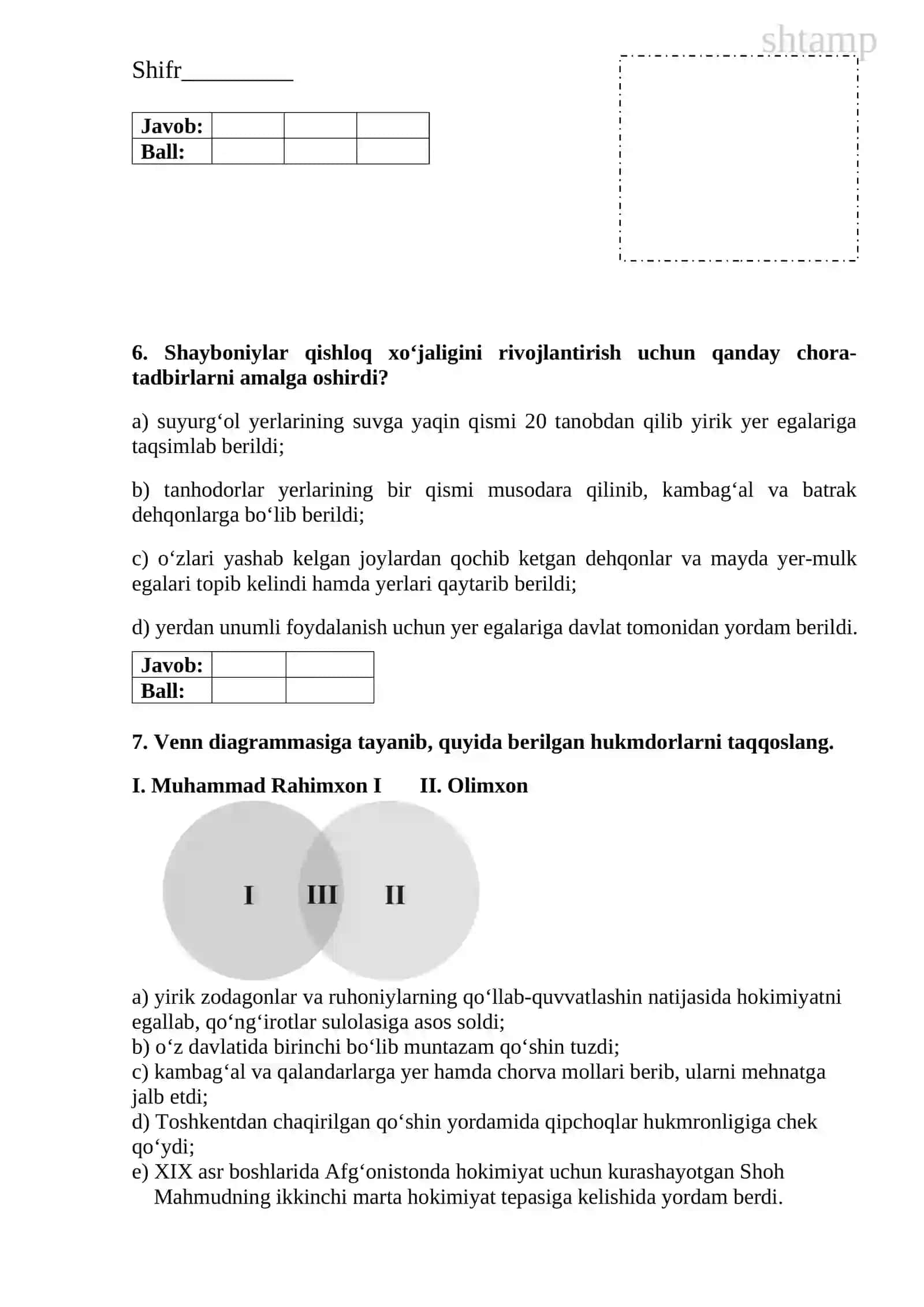 11-sinf O'zbekiston tarixi - 4-variant (O'zbek). Savollari 4