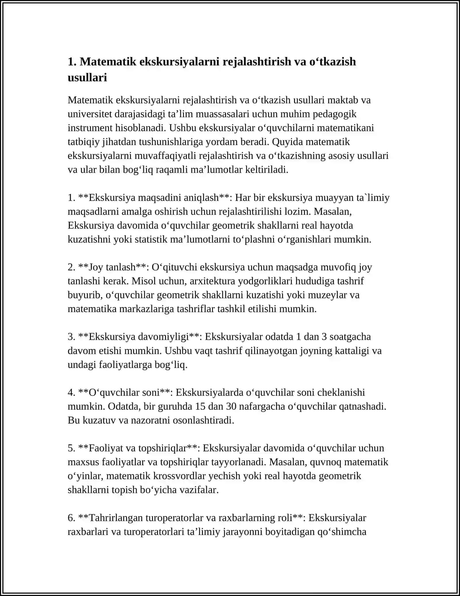 MATEMATIK EKSKURSIYALAR, ERTALIKLAR, O'YINLARNI TAYYORLASH VA O'TKAZISH METODIKASI 4