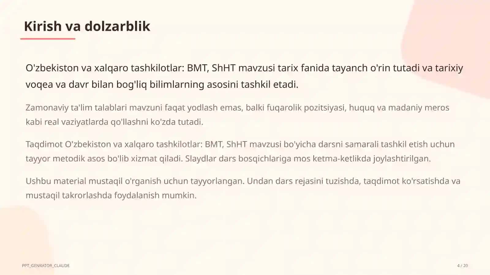 O'zbekiston va xalqaro tashkilotlar: BMT, ShHT (11-sinf) 4