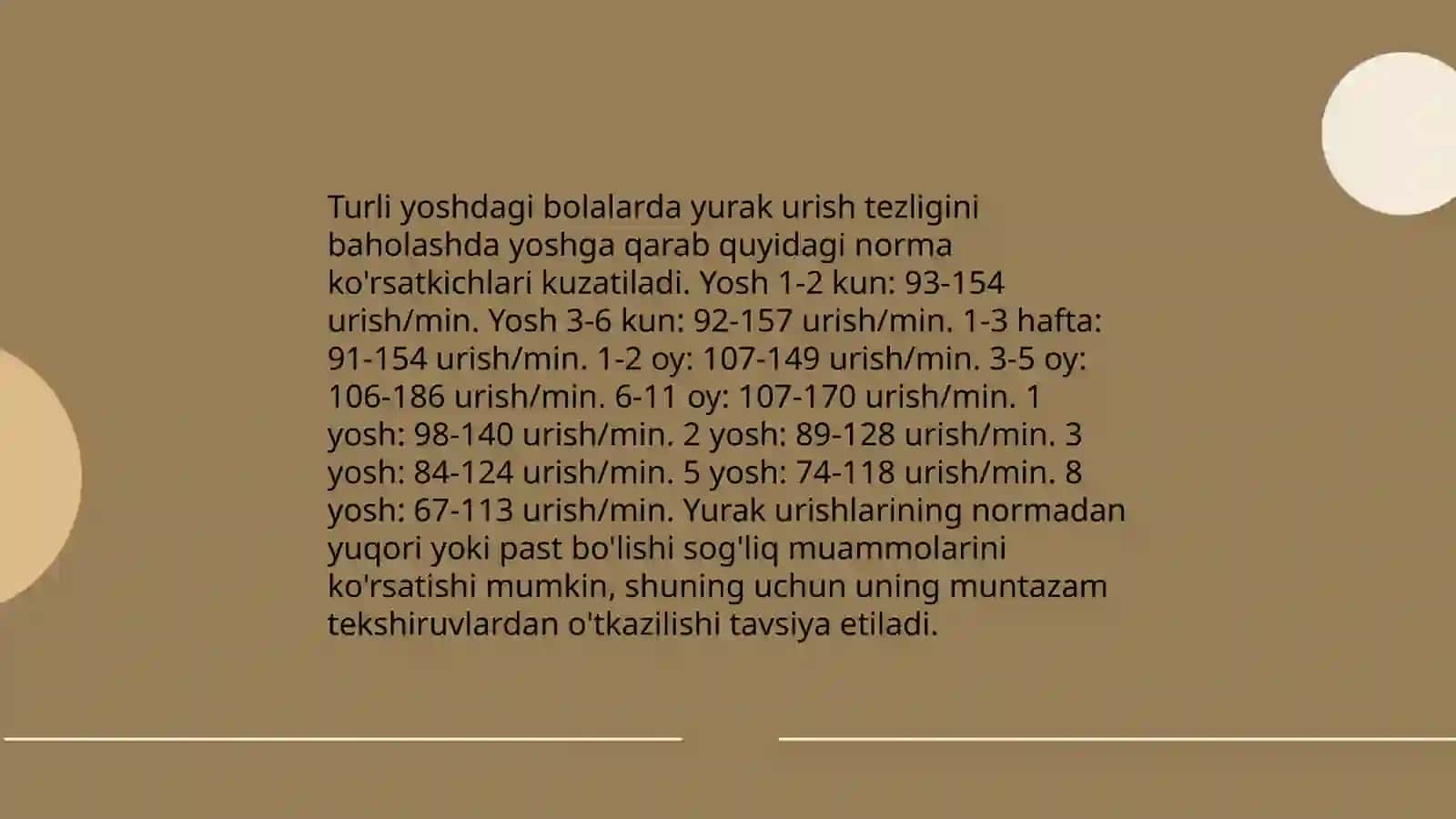 Turli yoshdagi bolalarda meyorda va jismoniy ishdan keyingi yurak chastotasi aniqlanib,yurakning sistolik va minutlik hajmini aniqlash 4