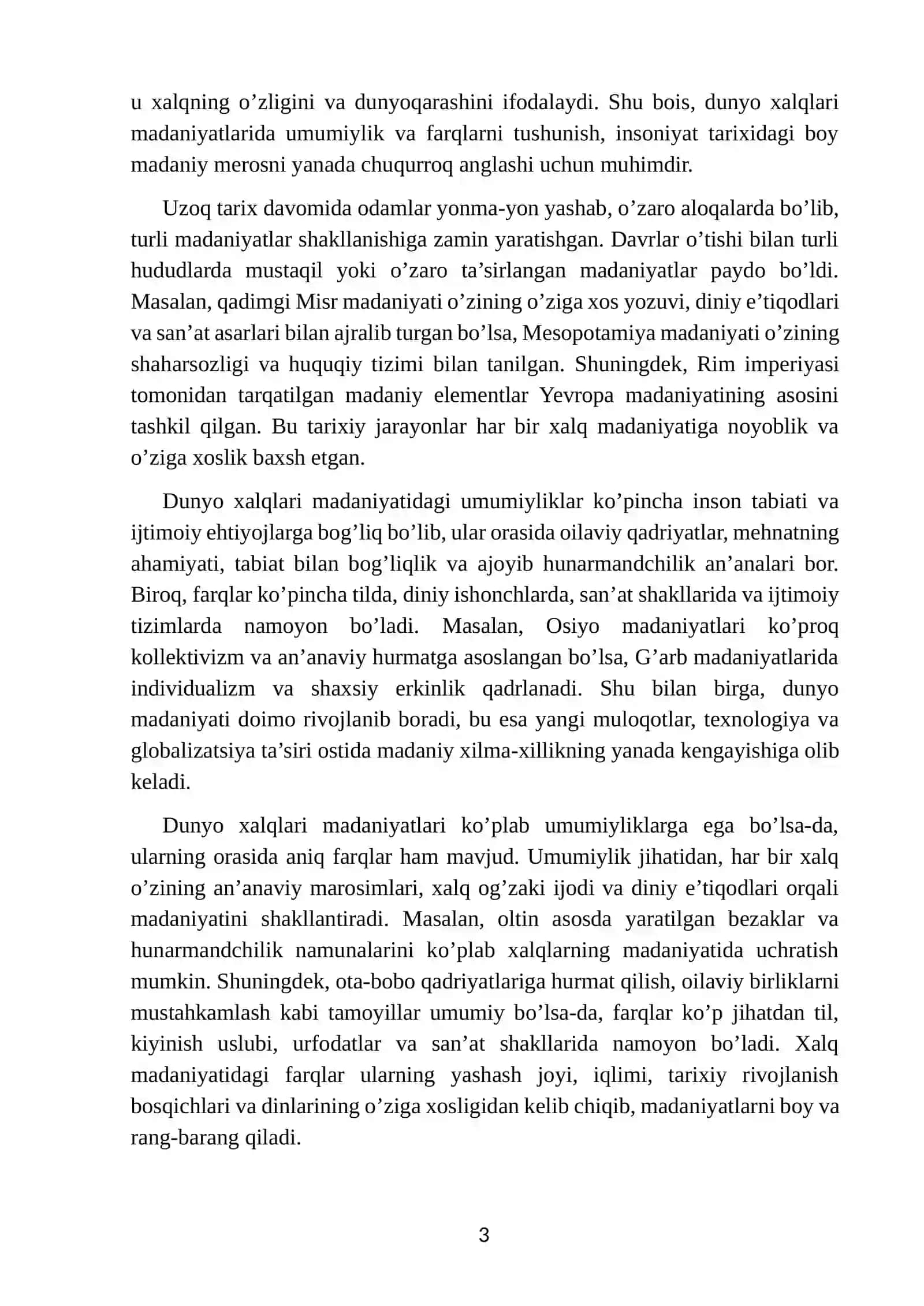 “Dunyo xalqlari madaniyatidagi umumiylik va farqlar” referat 4