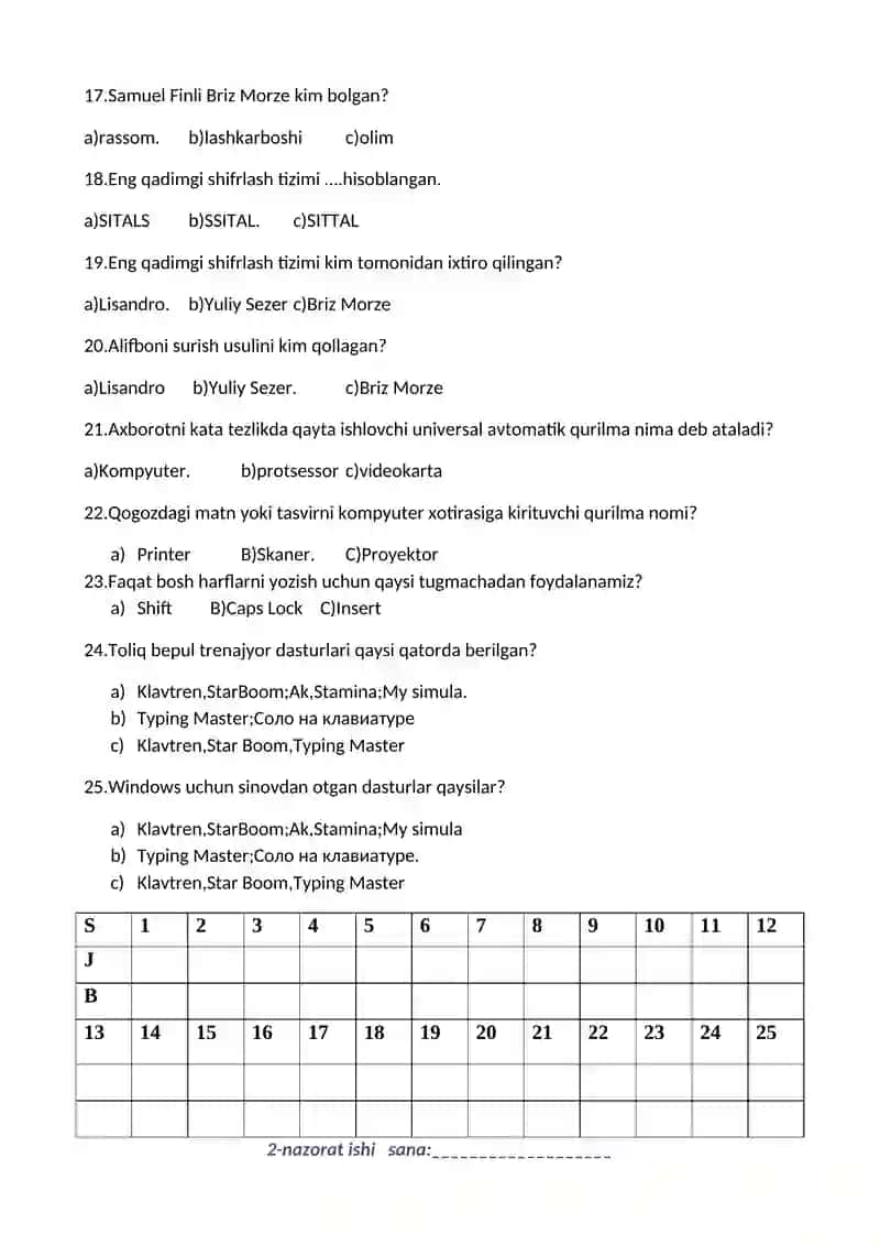 INFORMATIKA FANDAN NAZORAT ISHLARI DAFTARI 4